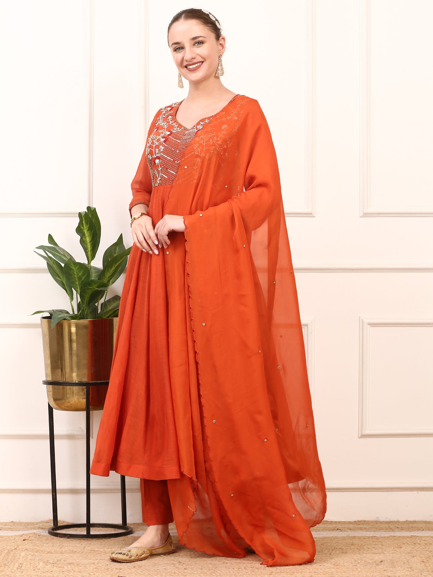 Rust Orange Embroidered Anarkali Suit Set - Flared Design with Dupatta
