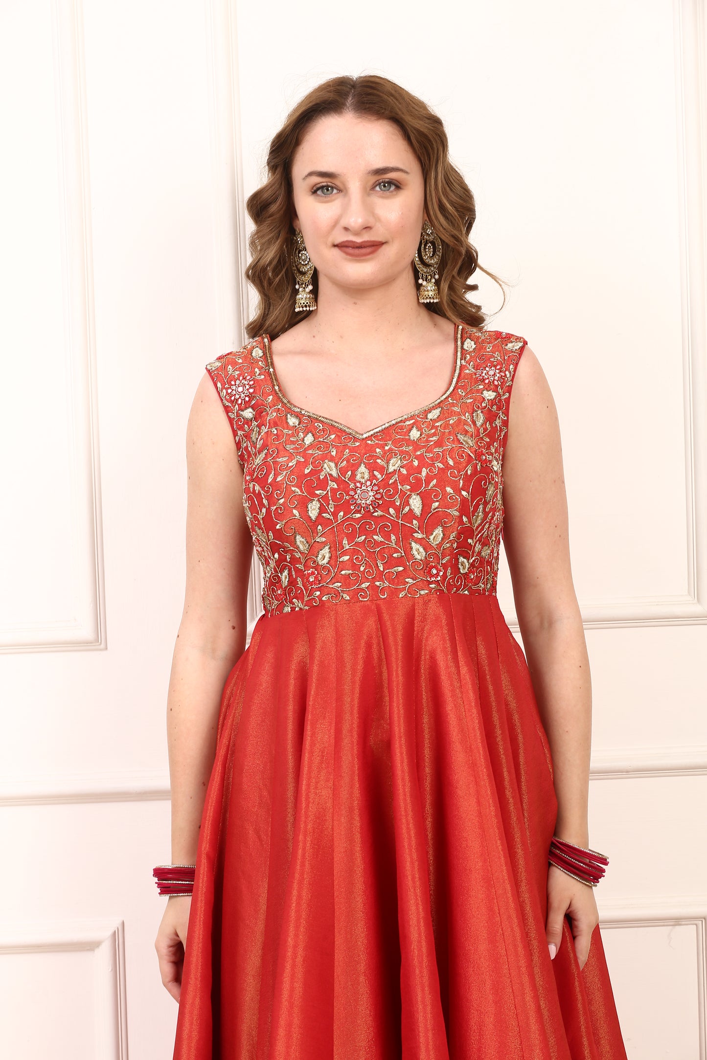 Rich Red Shimmer Silk Anarkali Dress - Gold Embroidered Festive Wear with Dupatta