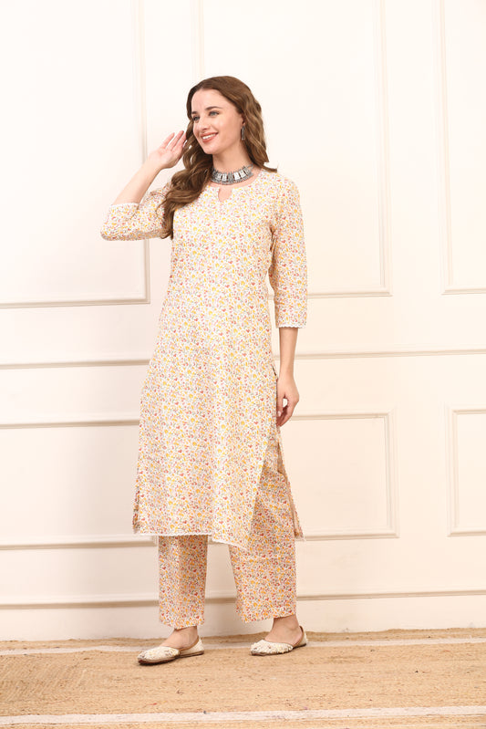 Floral Cotton Straight Kurta Set - Elegant Casual Suit with Solid Dupatta
