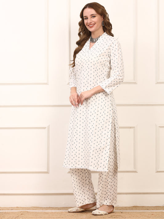 White Floral Cotton Kurta Set for Women with Matching Pants
