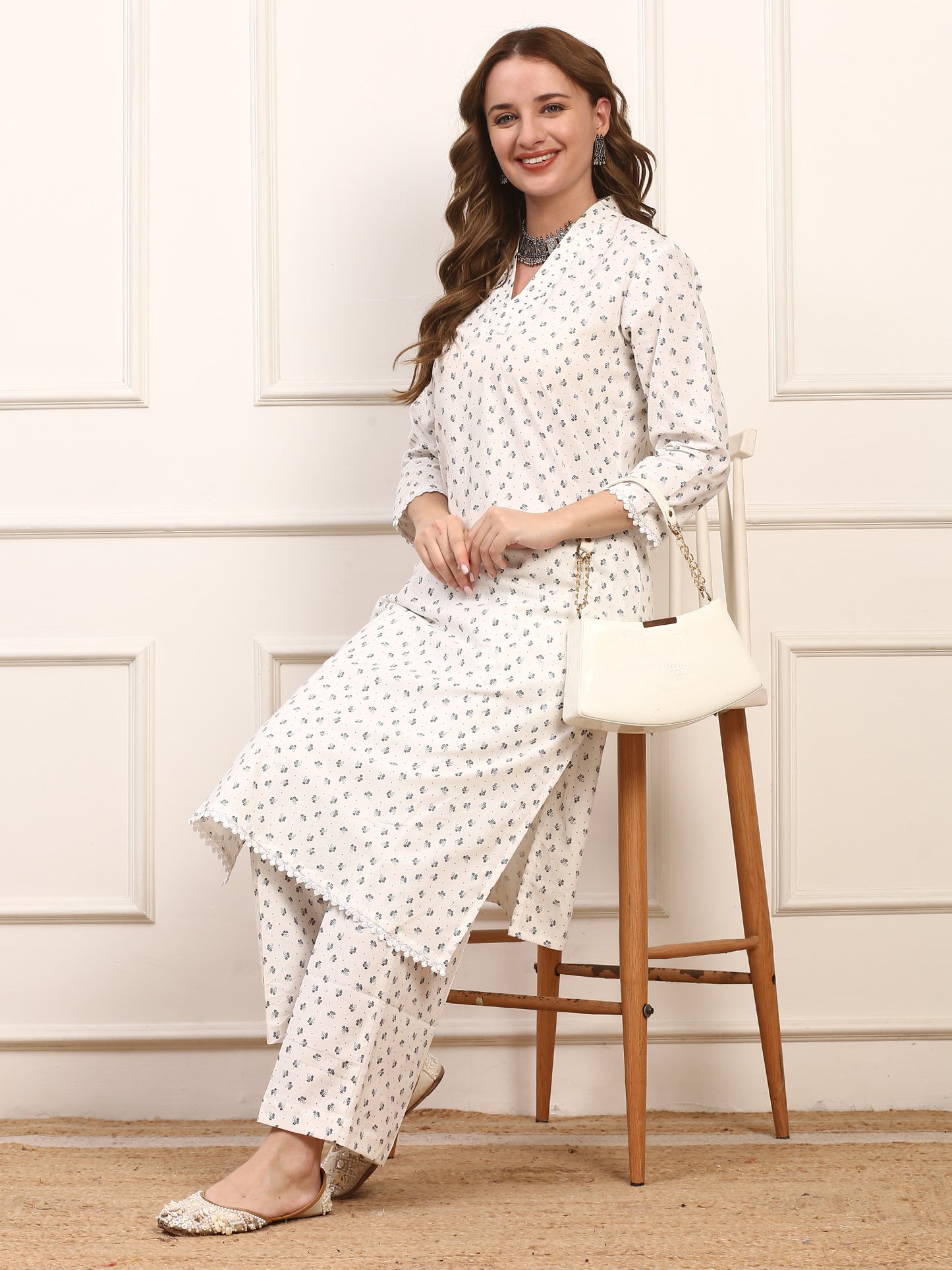 White Floral Cotton Kurta Set for Women with Matching Pants