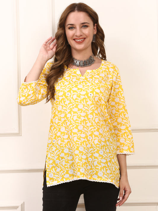 Yellow Floral Cotton Kurti - Comfortable Everyday Casual Wear for Women