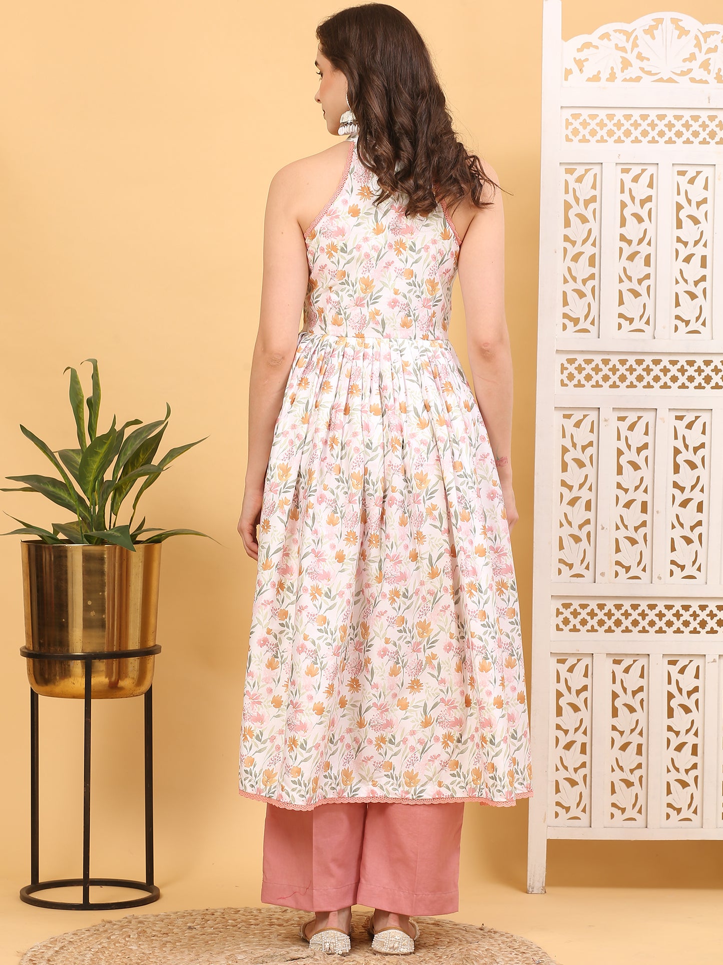 Floral Satin Silk Halter Neck Anarkali Kurta Set
