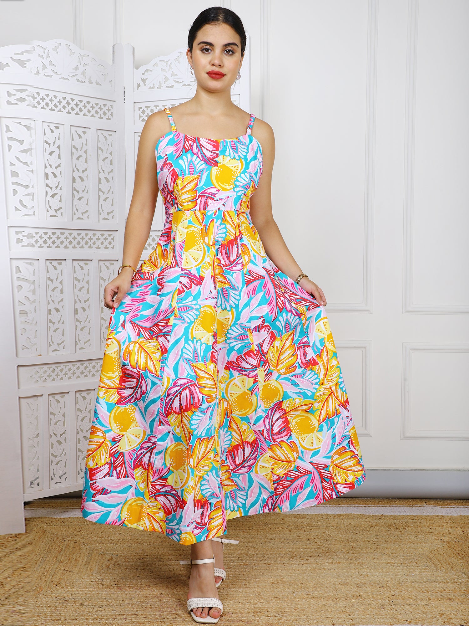 white christmas dresses Tropical Print Cotton Maxi Dress – Aarvi Ethnic