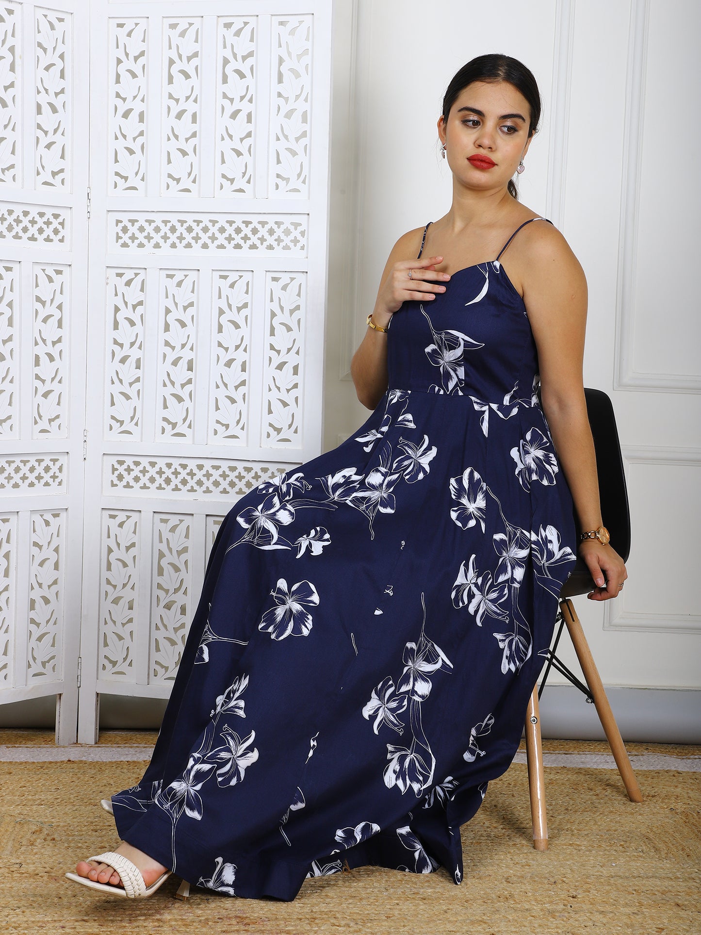 Navy Blue Floral Cotton Maxi Dress - Elegant Casual Wear with Panel Detailing