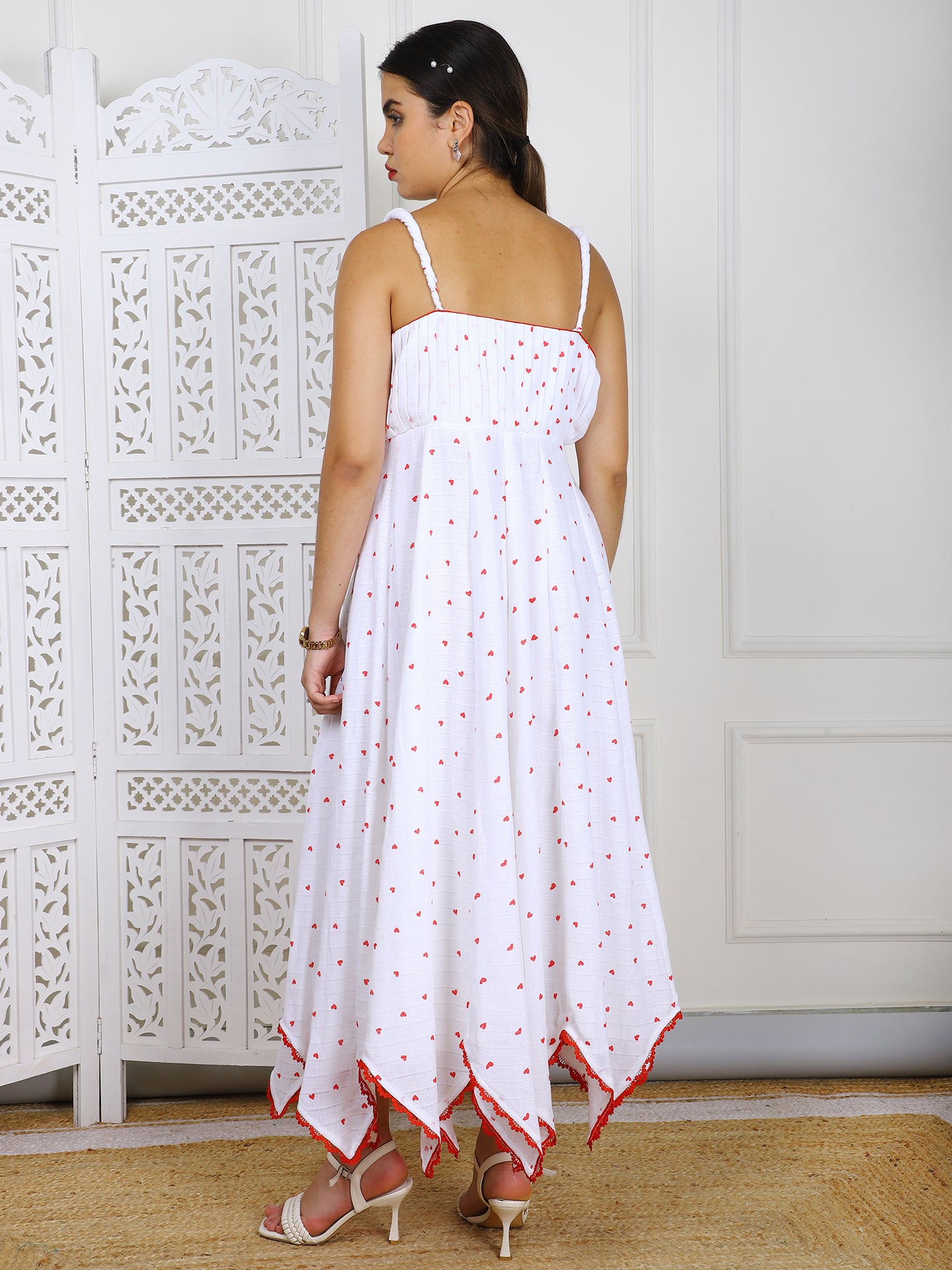 White & Red Kotta Doriya Maxi Dress - Traditional Striped Ethnic Wear