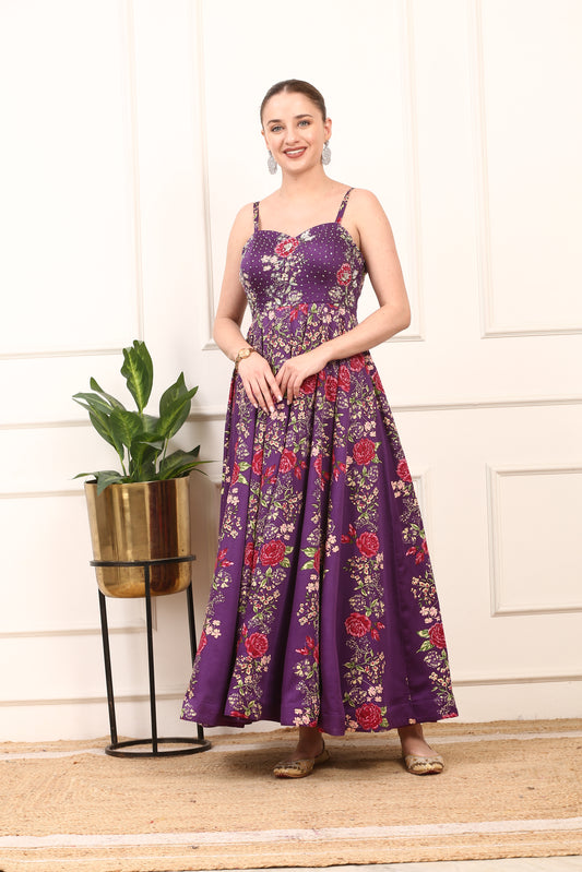 Purple Floral Printed Satin Silk Dress - Elegant Party Wear with Organza Dupatta