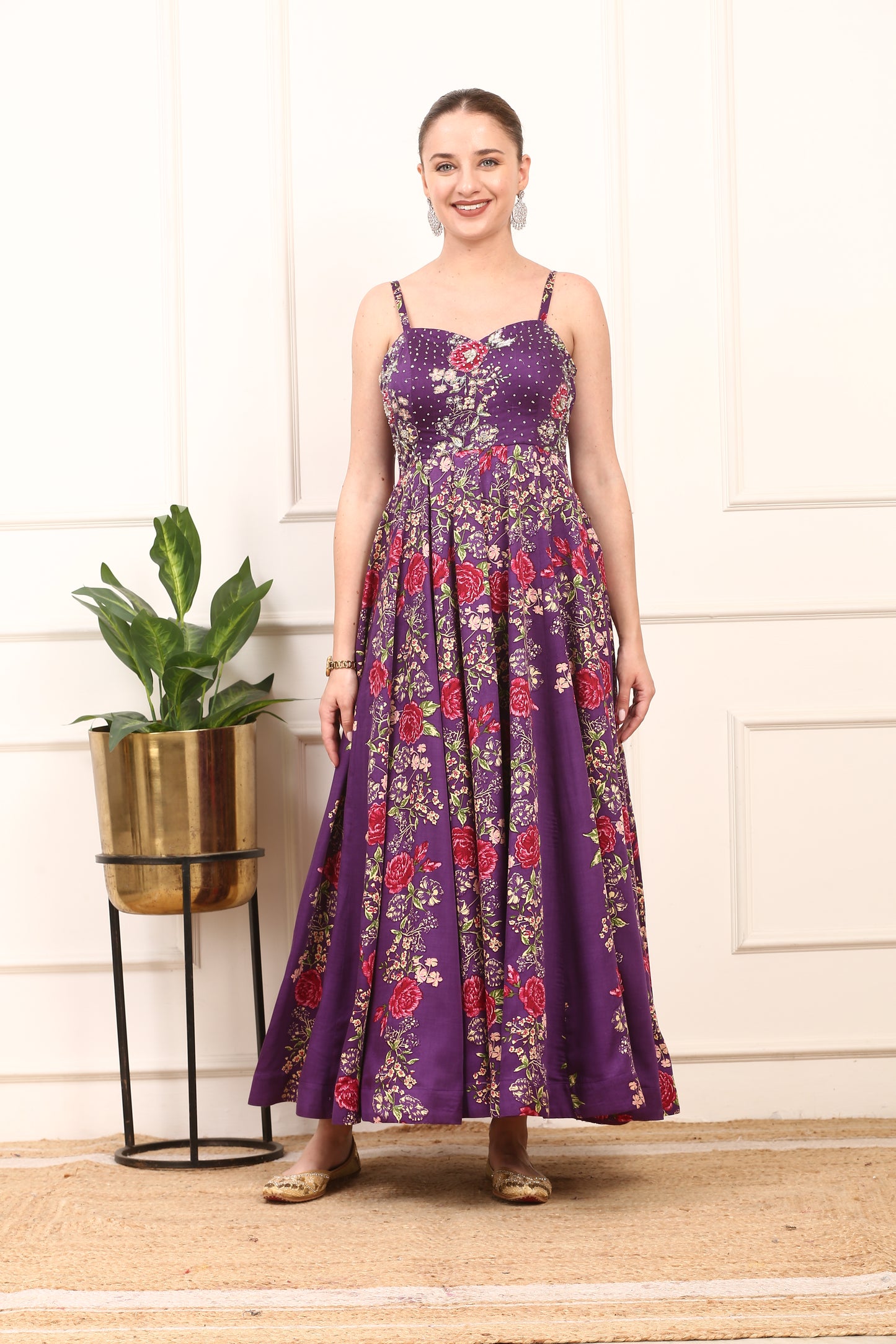 Purple Floral Printed Satin Silk Dress - Elegant Party Wear with Organza Dupatta