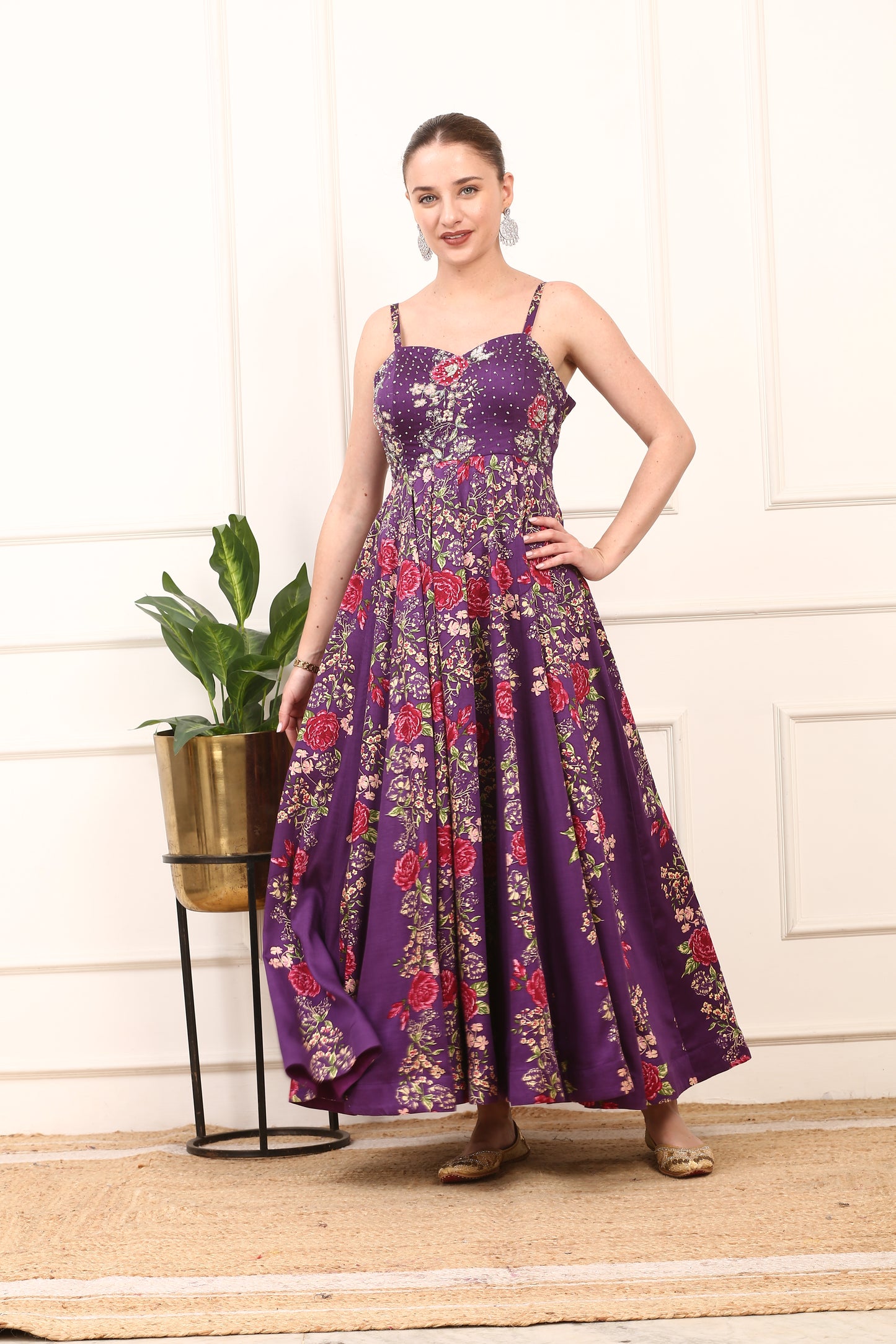 Purple Floral Printed Satin Silk Dress - Elegant Party Wear with Organza Dupatta