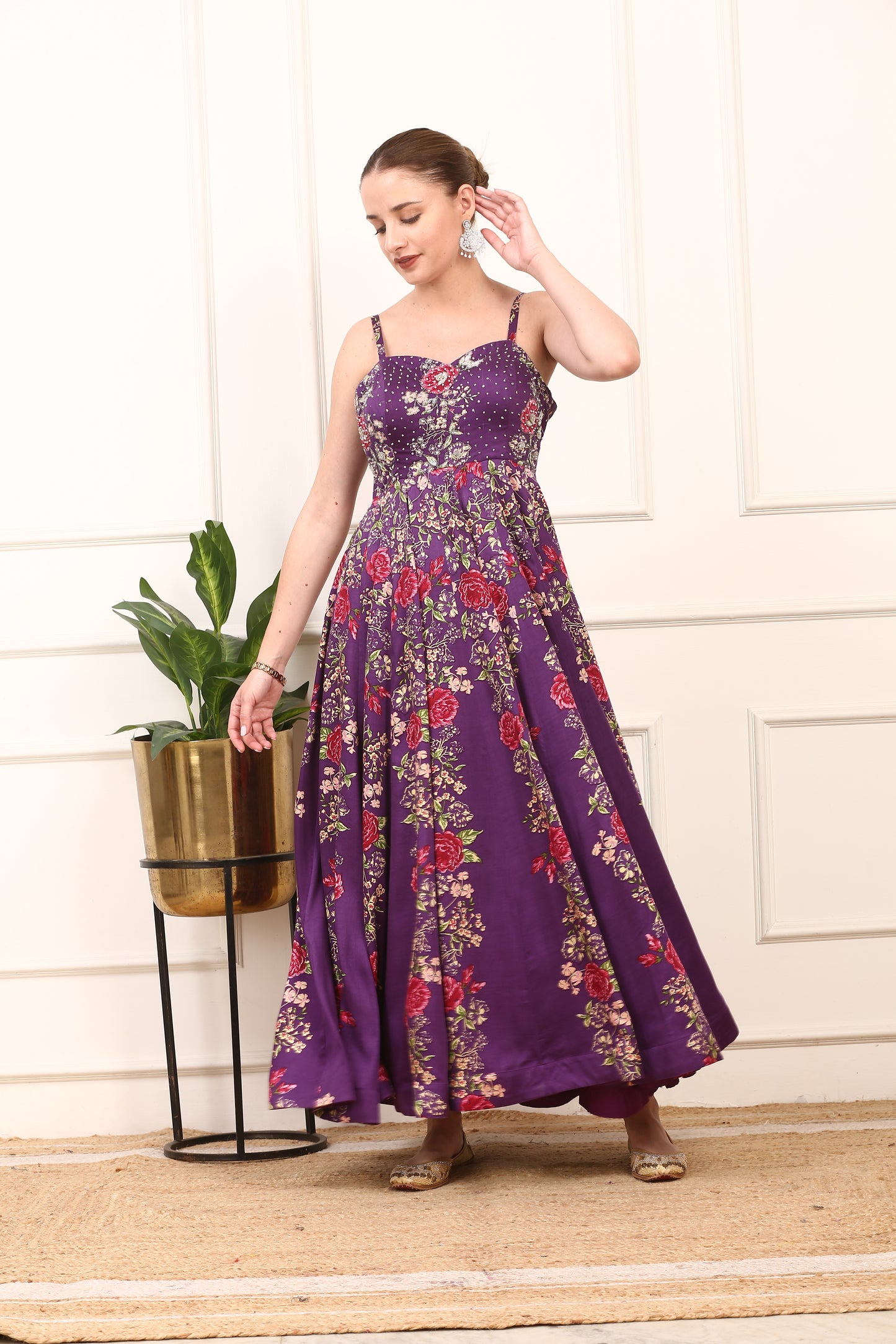 Purple Floral Printed Satin Silk Dress - Elegant Party Wear with Organza Dupatta