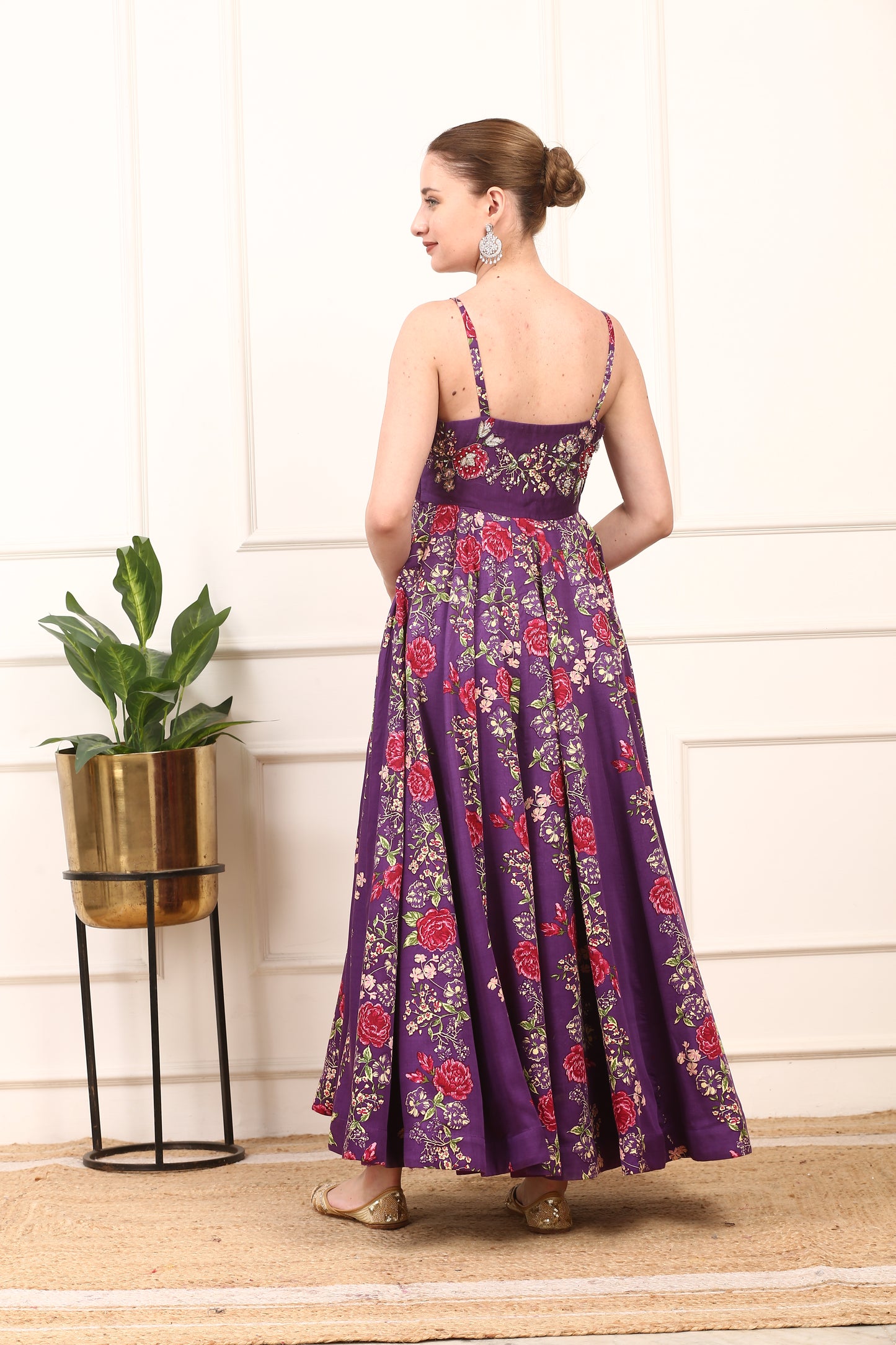 Purple Floral Printed Satin Silk Dress - Elegant Party Wear with Organza Dupatta