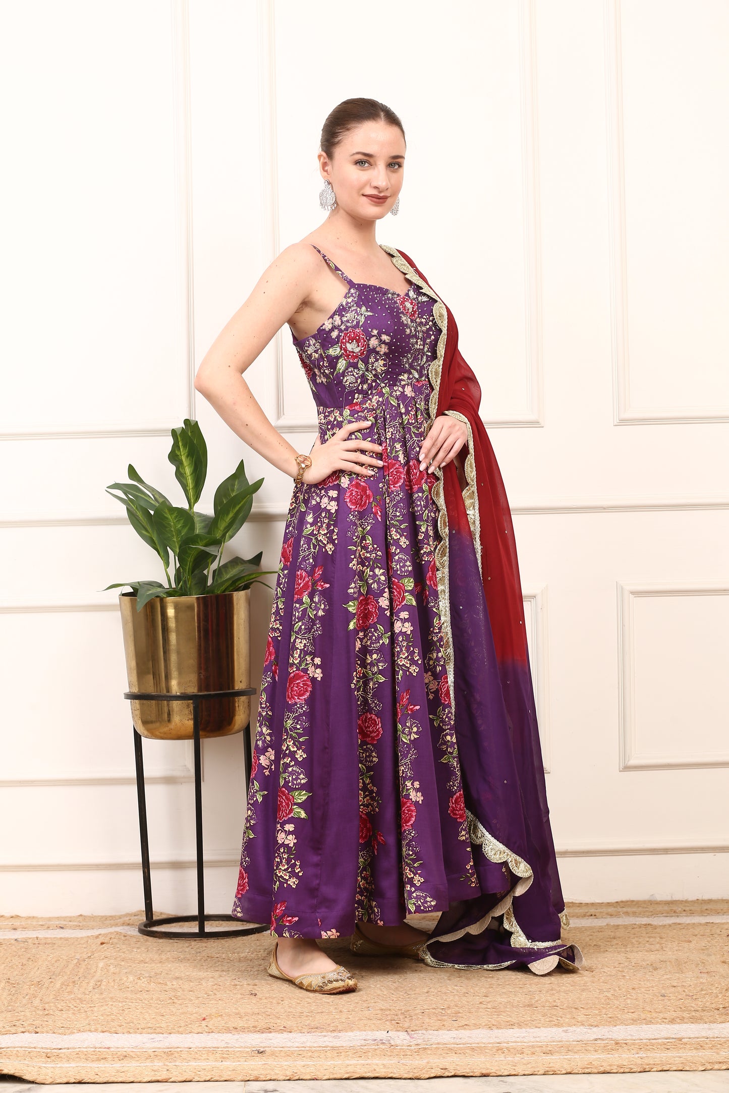 Purple Floral Printed Satin Silk Dress - Elegant Party Wear with Organza Dupatta