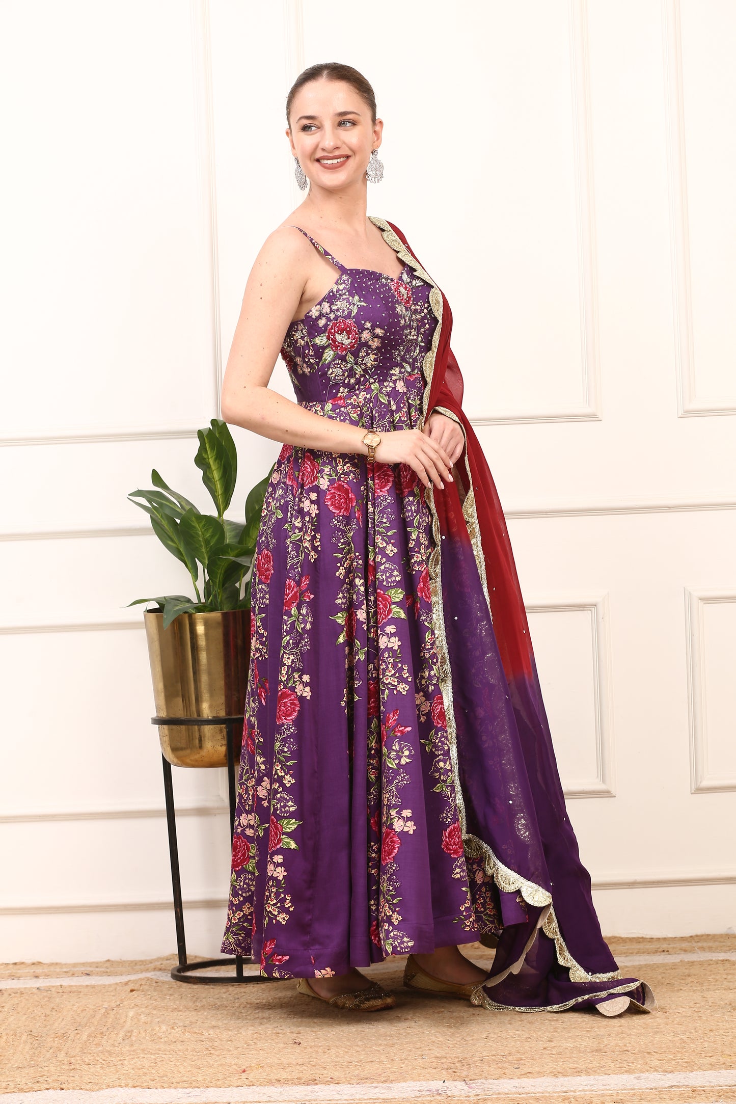 Purple Floral Printed Satin Silk Dress - Elegant Party Wear with Organza Dupatta
