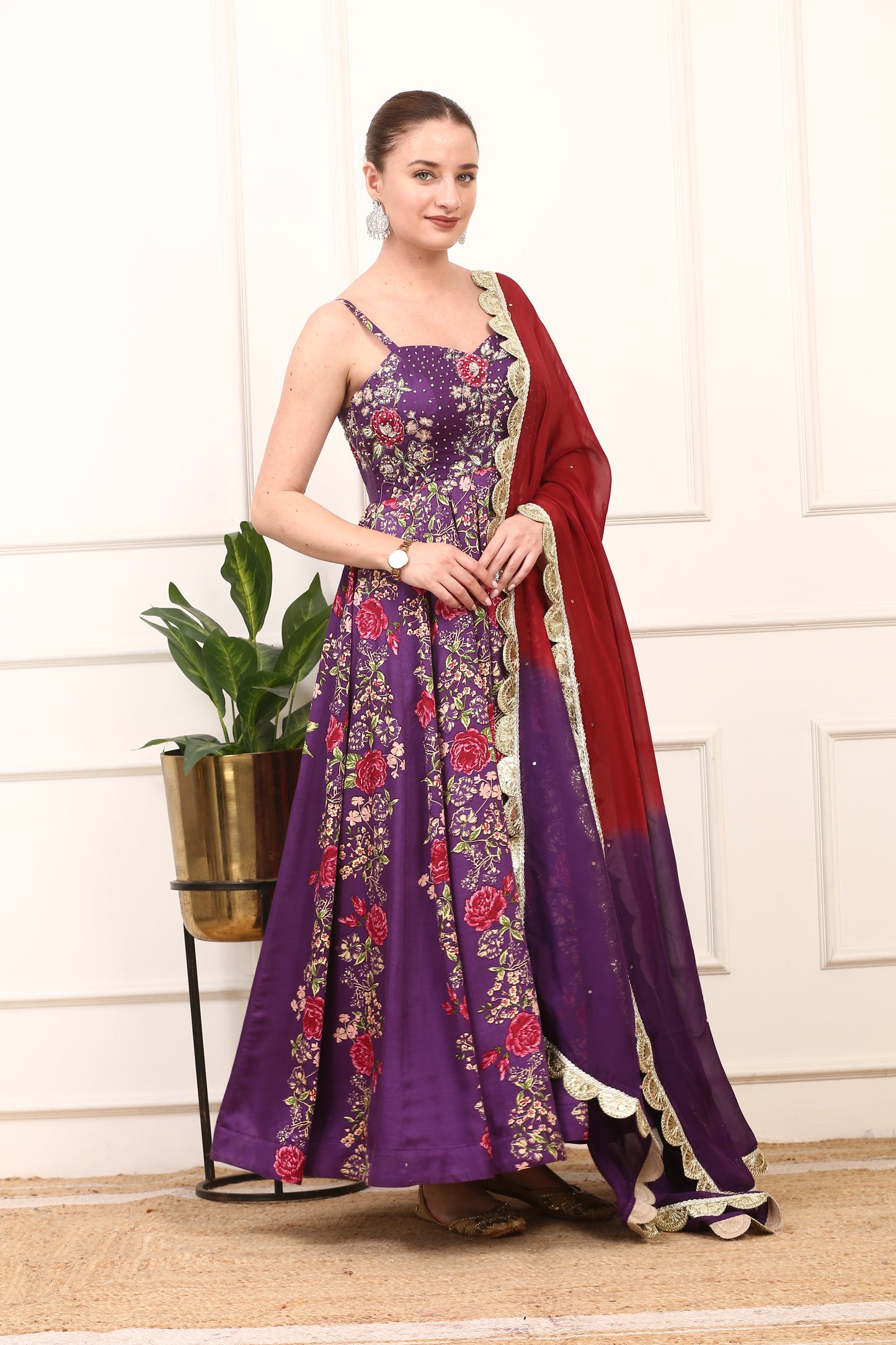 Purple Floral Printed Satin Silk Dress - Elegant Party Wear with Organza Dupatta