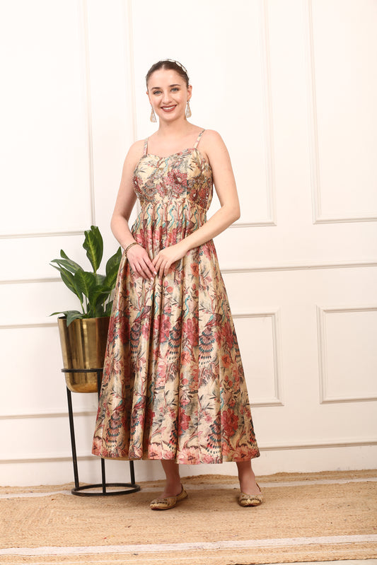 Floral Silk Anarkali Gown - Elegant Wedding Party Dress with Dupatta