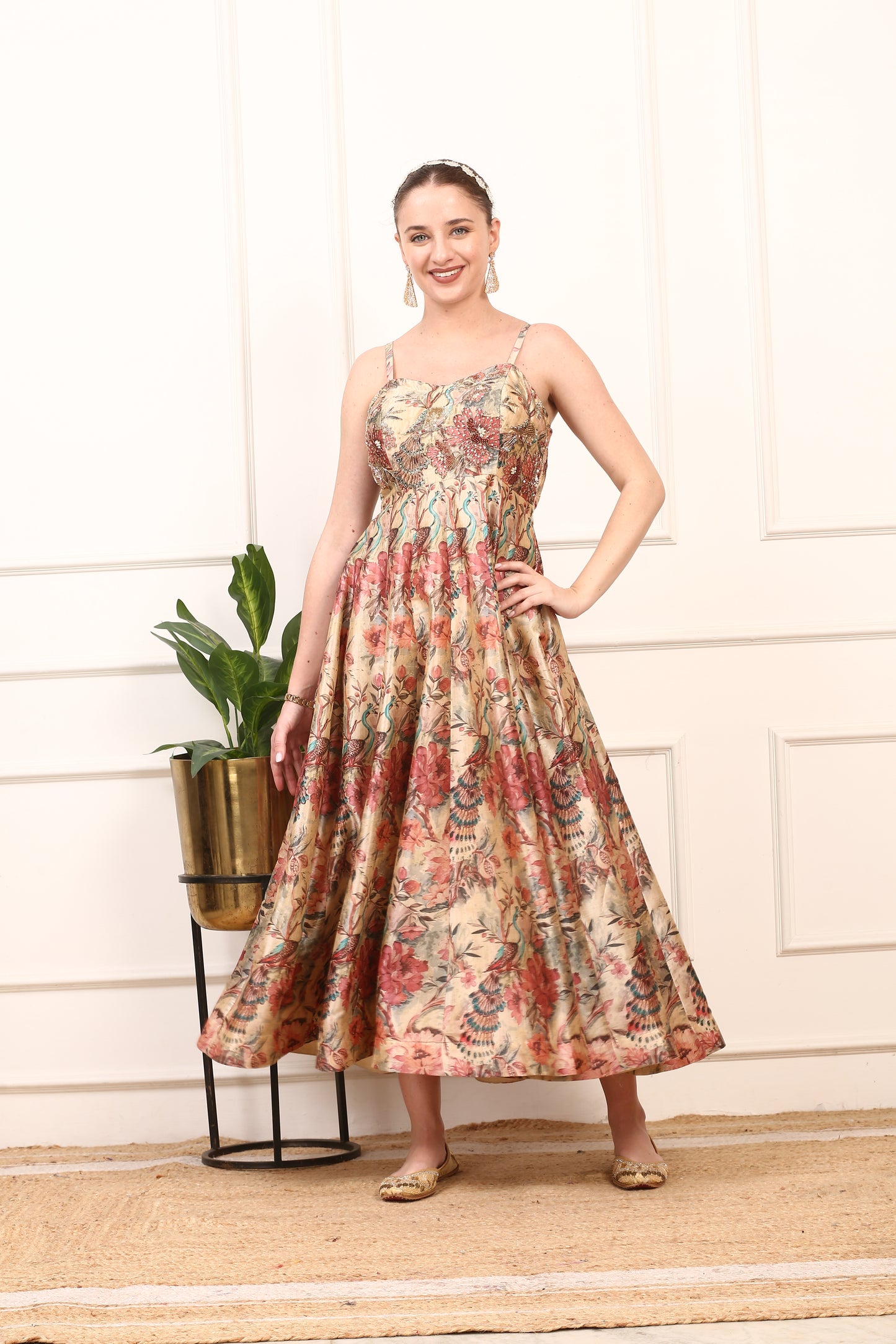 Floral Silk Anarkali Gown - Elegant Wedding Party Dress with Dupatta