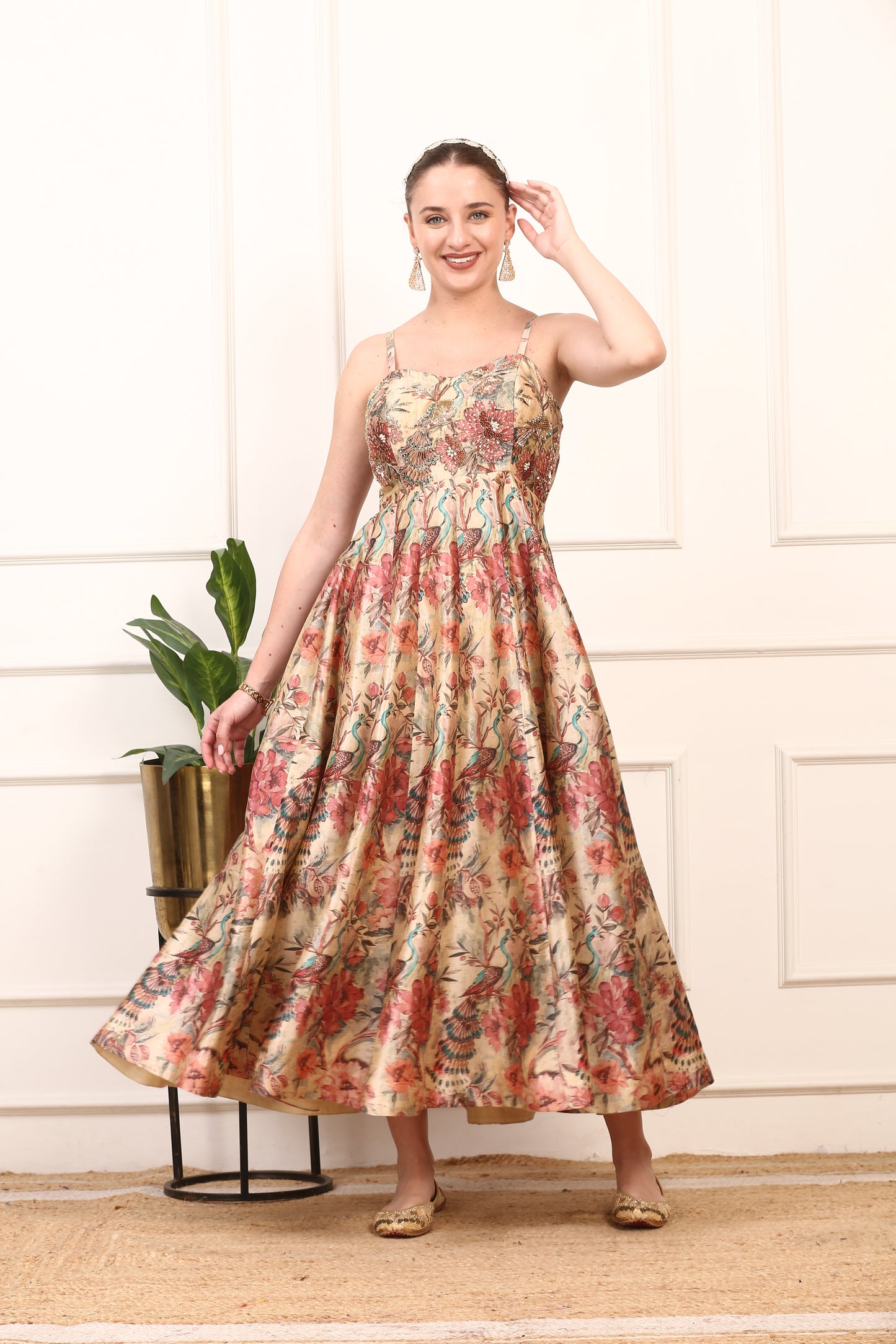 Floral Silk Anarkali Gown - Elegant Wedding Party Dress with Dupatta