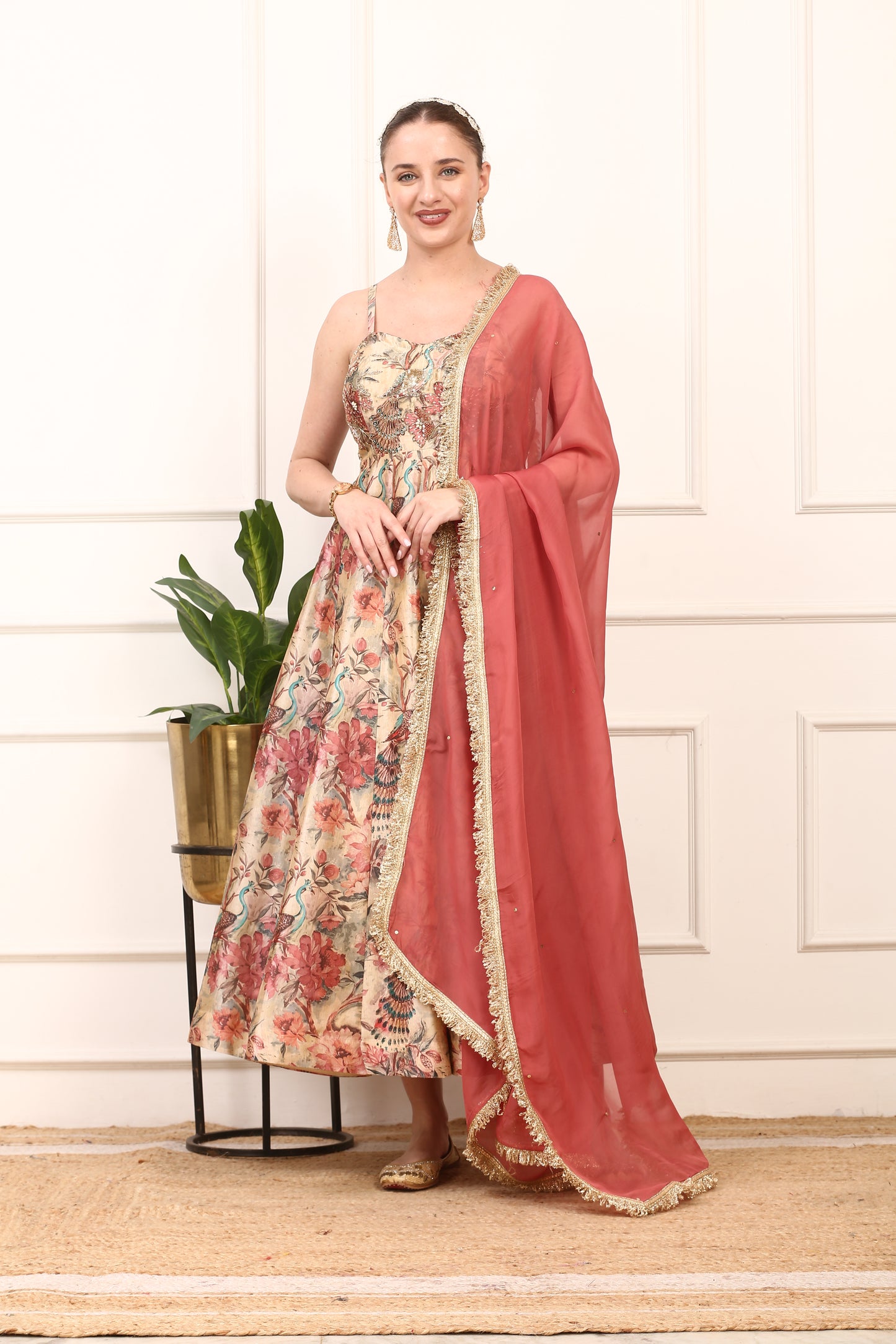 Floral Silk Anarkali Gown - Elegant Wedding Party Dress with Dupatta