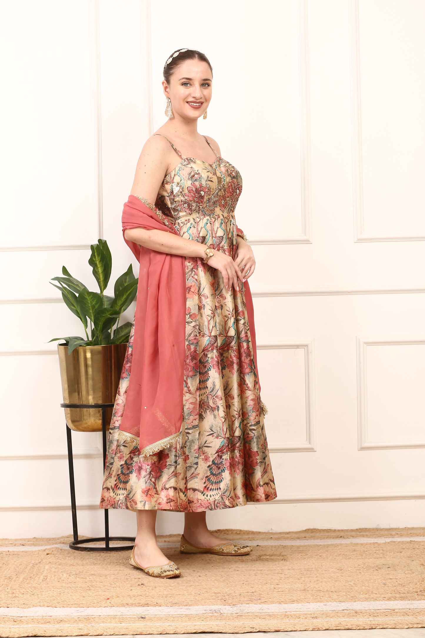 Floral Silk Anarkali Gown - Elegant Wedding Party Dress with Dupatta