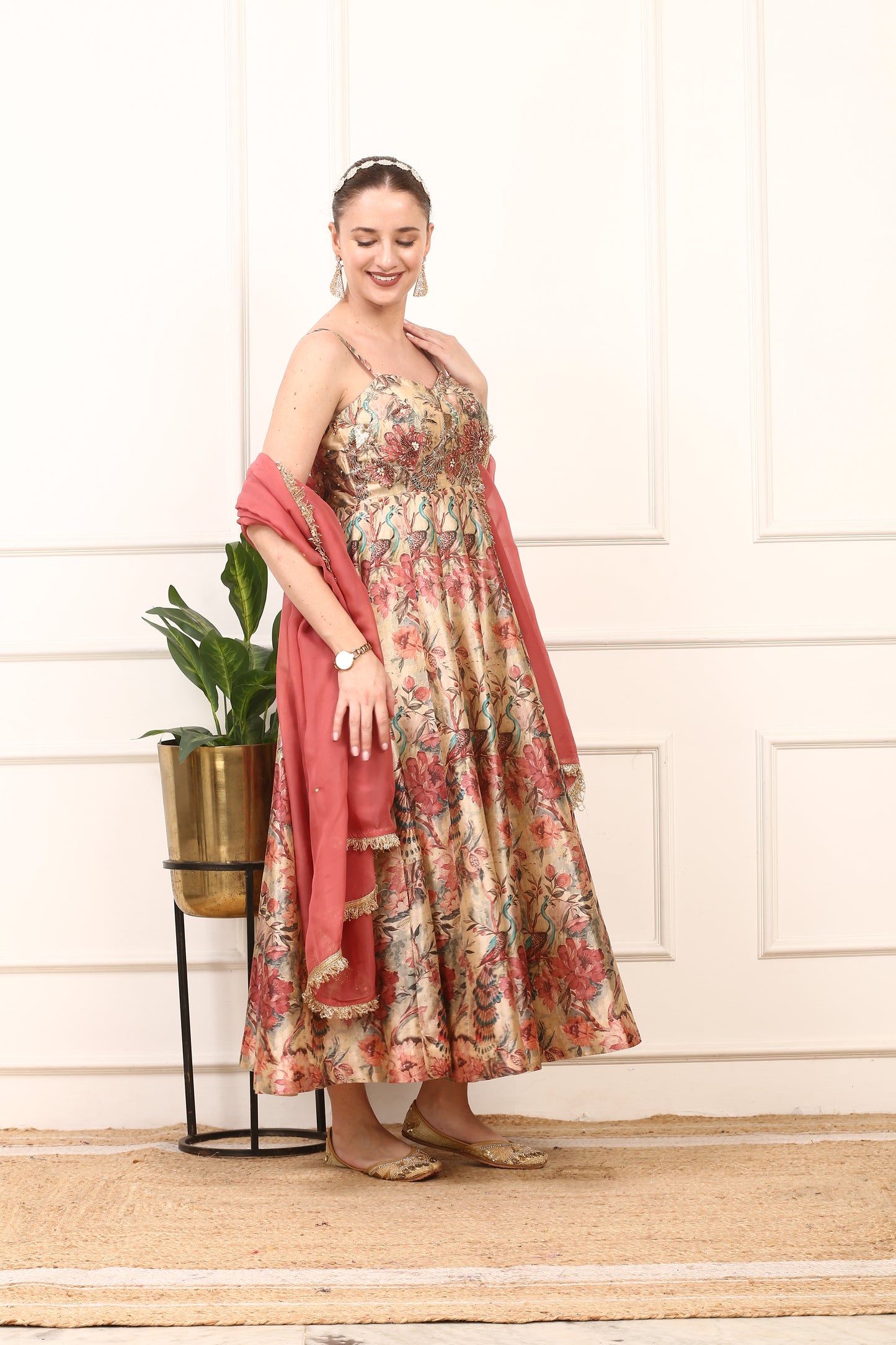 Floral Silk Anarkali Gown - Elegant Wedding Party Dress with Dupatta