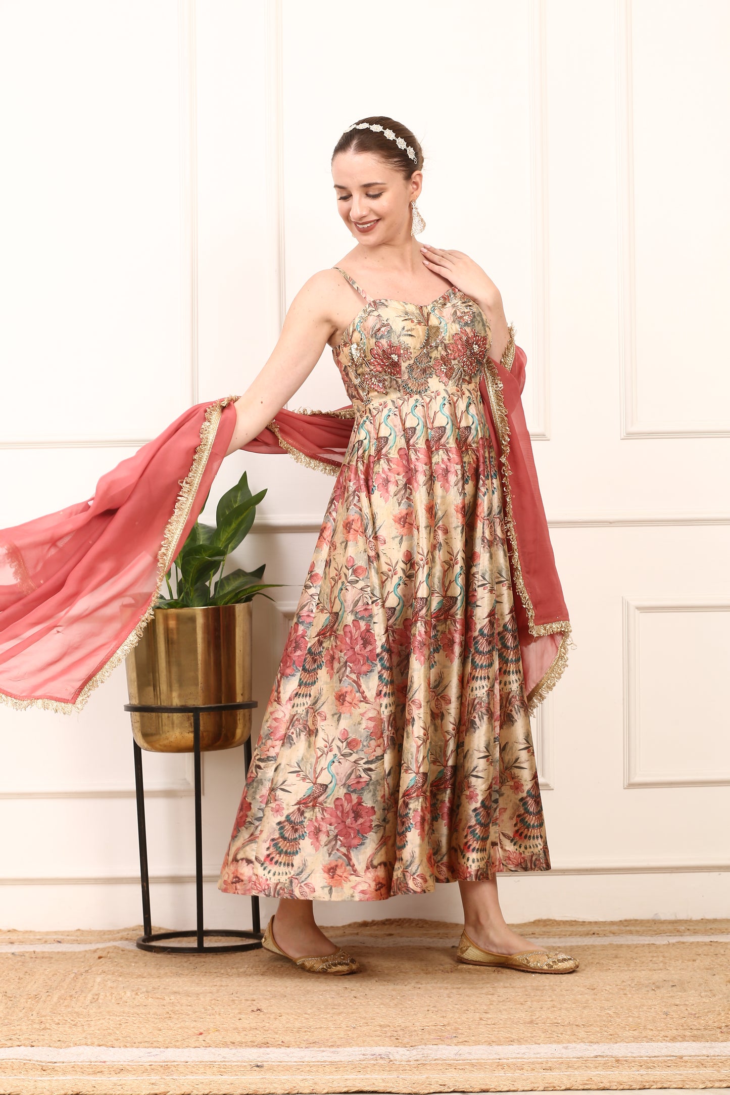Floral Silk Anarkali Gown - Elegant Wedding Party Dress with Dupatta
