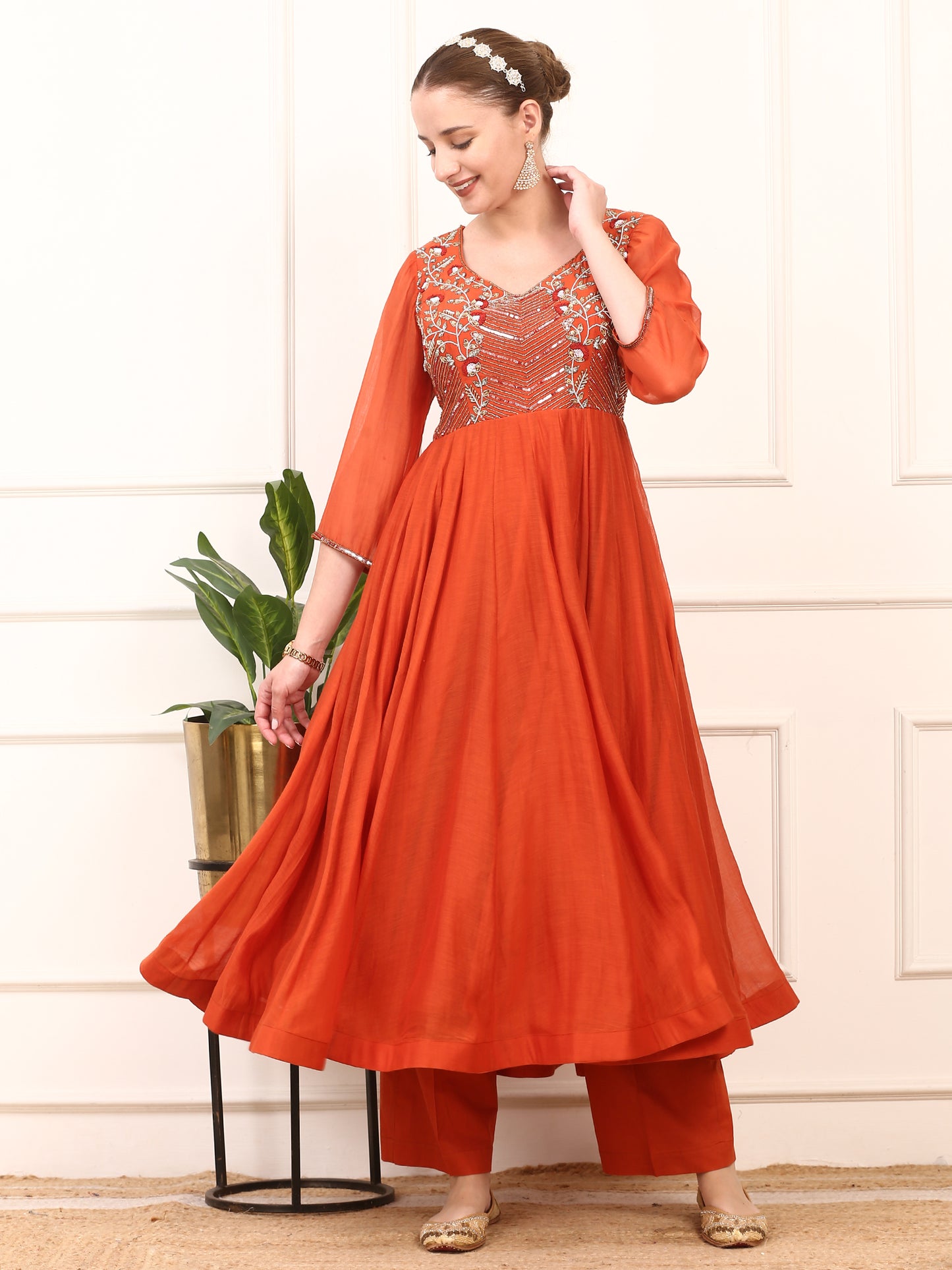Rust Orange Embroidered Anarkali Suit Set - Flared Design with Dupatta