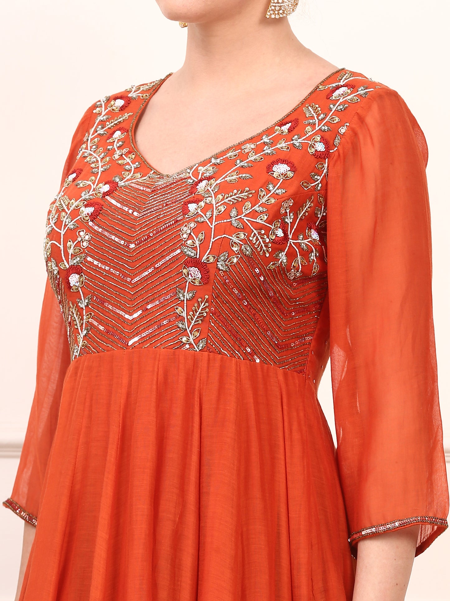 Rust Orange Embroidered Anarkali Suit Set - Flared Design with Dupatta