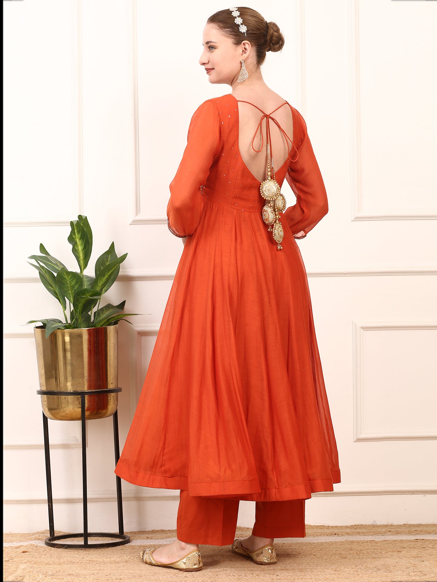Rust Orange Embroidered Anarkali Suit Set - Flared Design with Dupatta