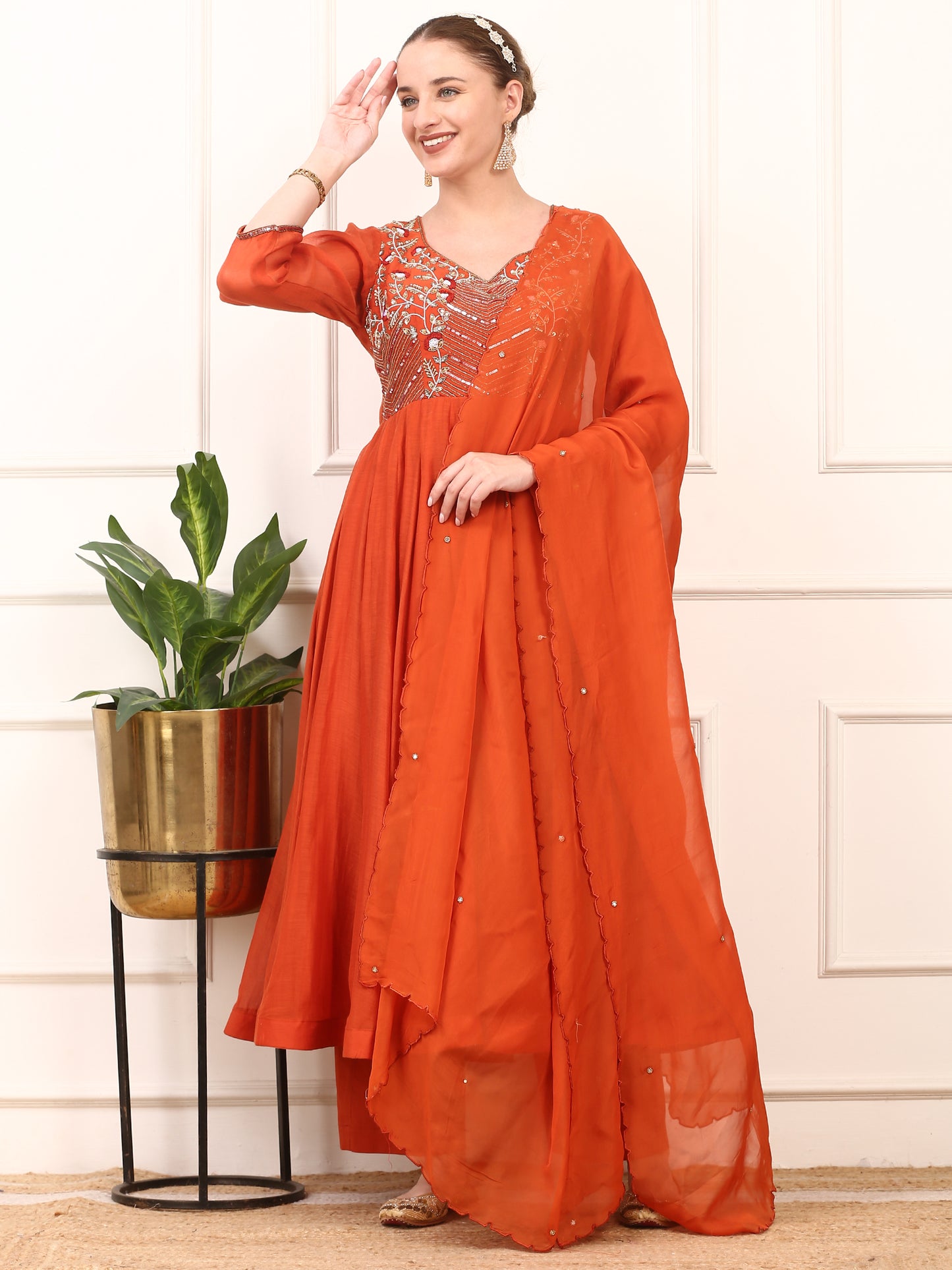 Rust Orange Embroidered Anarkali Suit Set - Flared Design with Dupatta