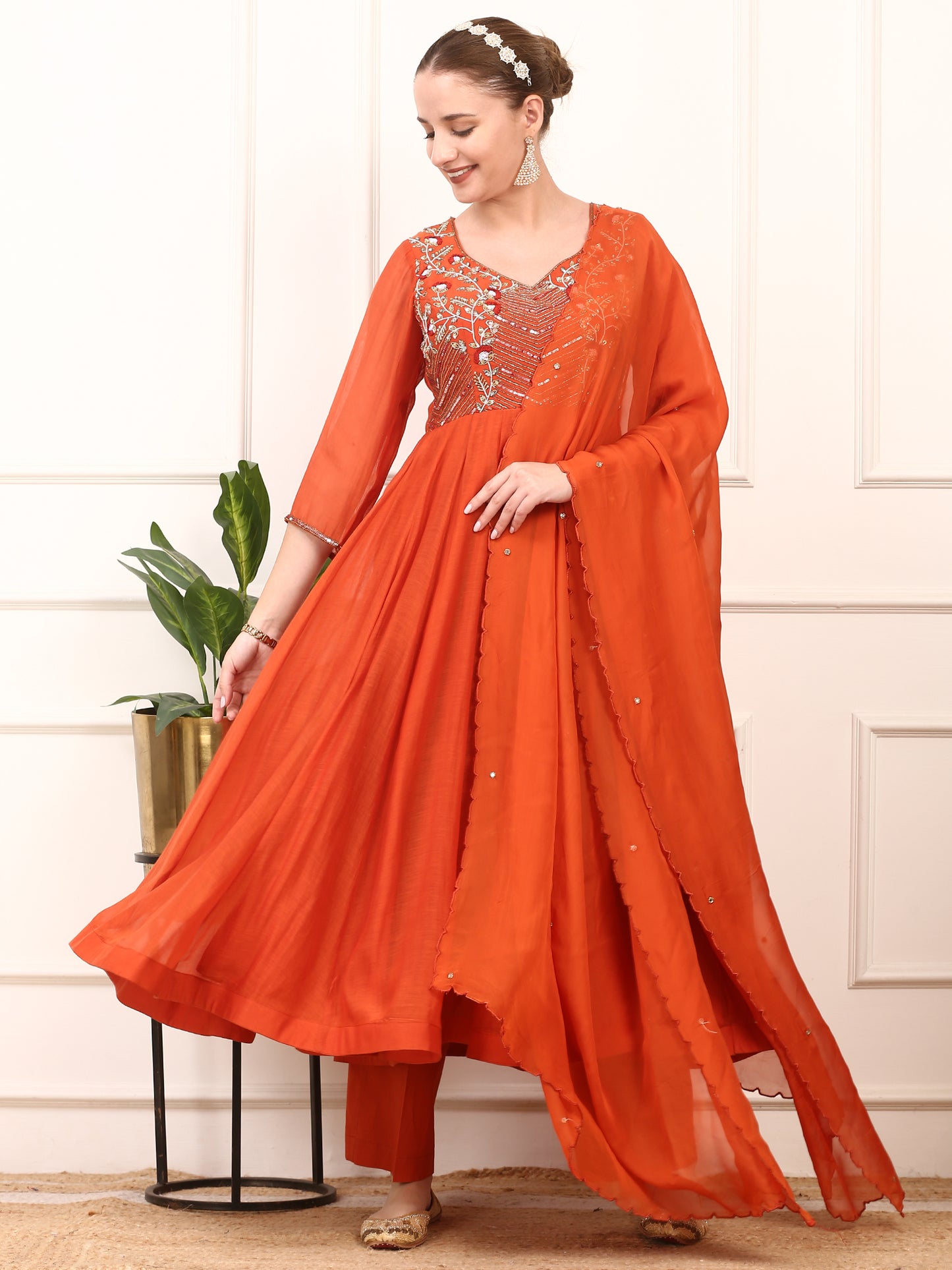 Rust Orange Embroidered Anarkali Suit Set - Flared Design with Dupatta