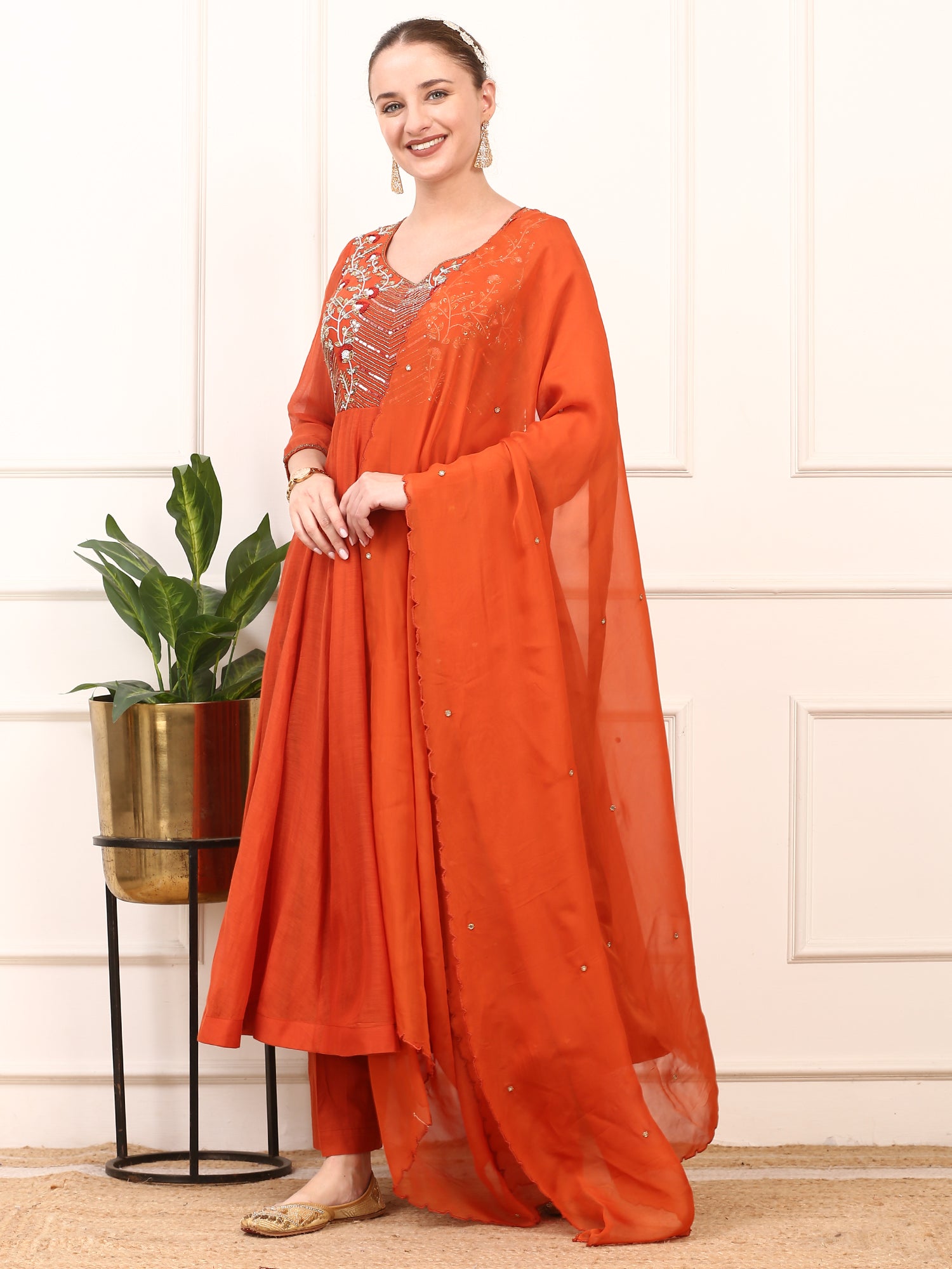 Rust Orange Suit Set with Dupatta