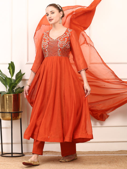 Rust Orange Embroidered Anarkali Suit Set - Flared Design with Dupatta