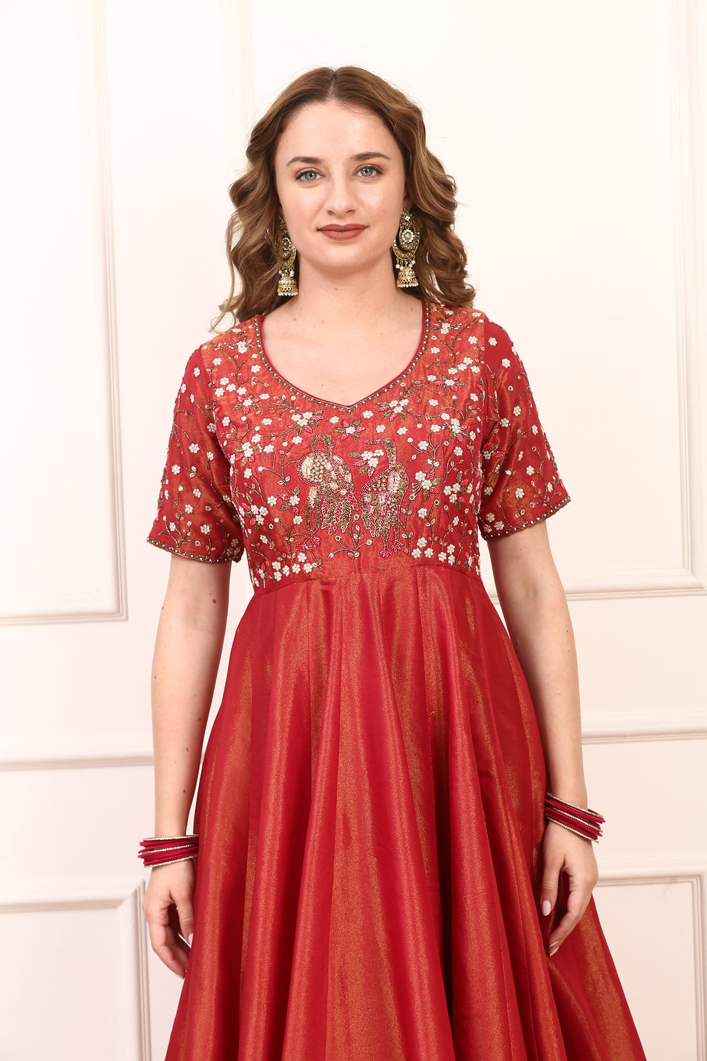 Red Shimmer Silk Anarkali Dress Set - Embroidered Party Wear with Dupatta