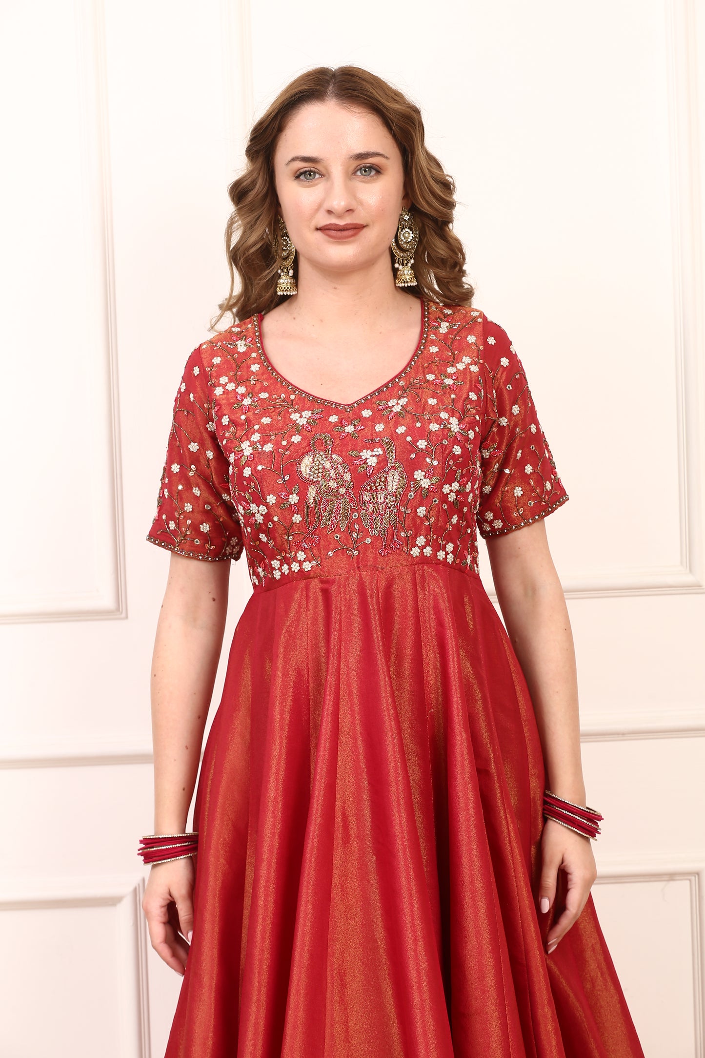 Red Shimmer Silk Embroidered Anarkali Dress Set with Organza Dupatta