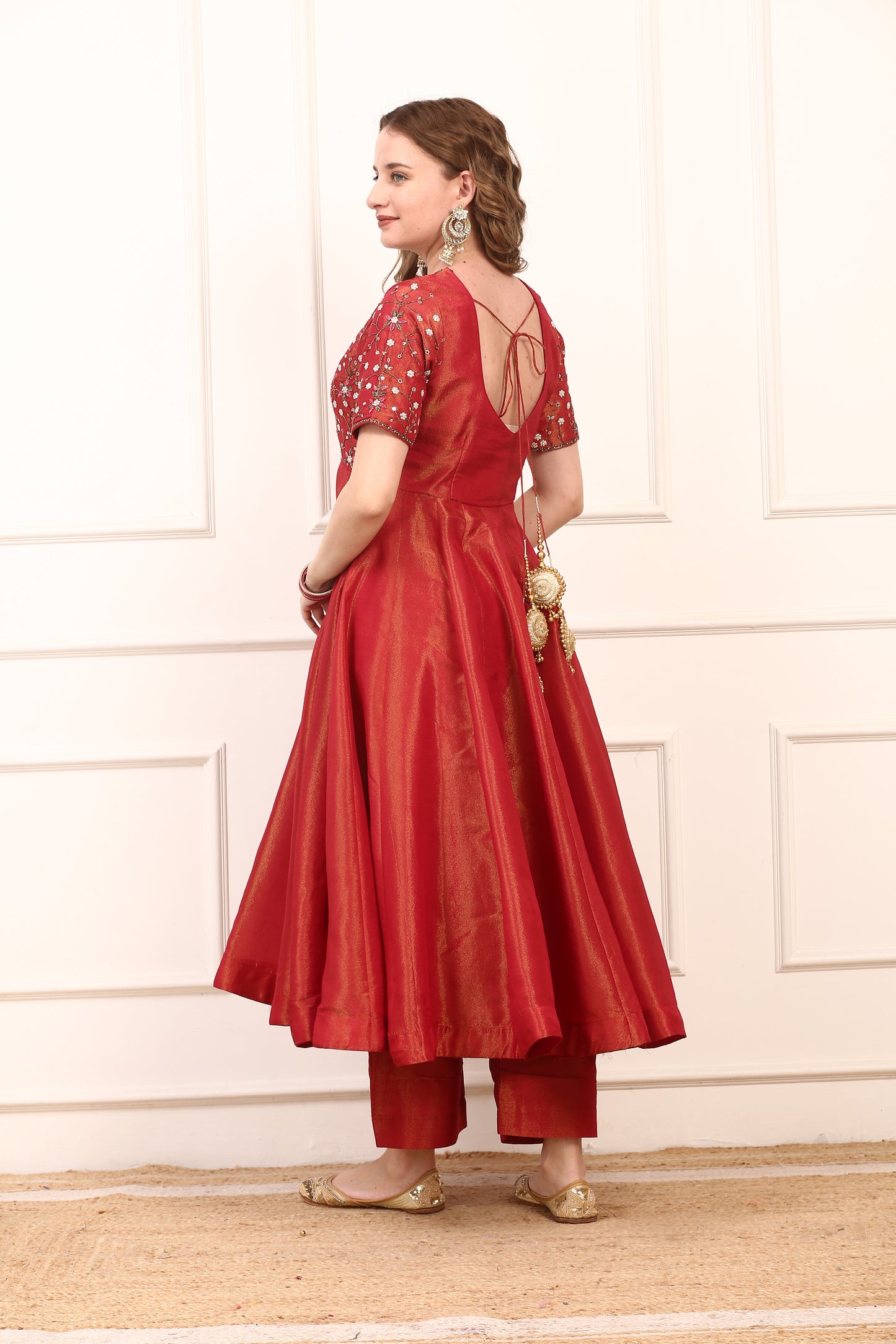 Red Shimmer Silk Embroidered Anarkali Dress Set with Organza Dupatta