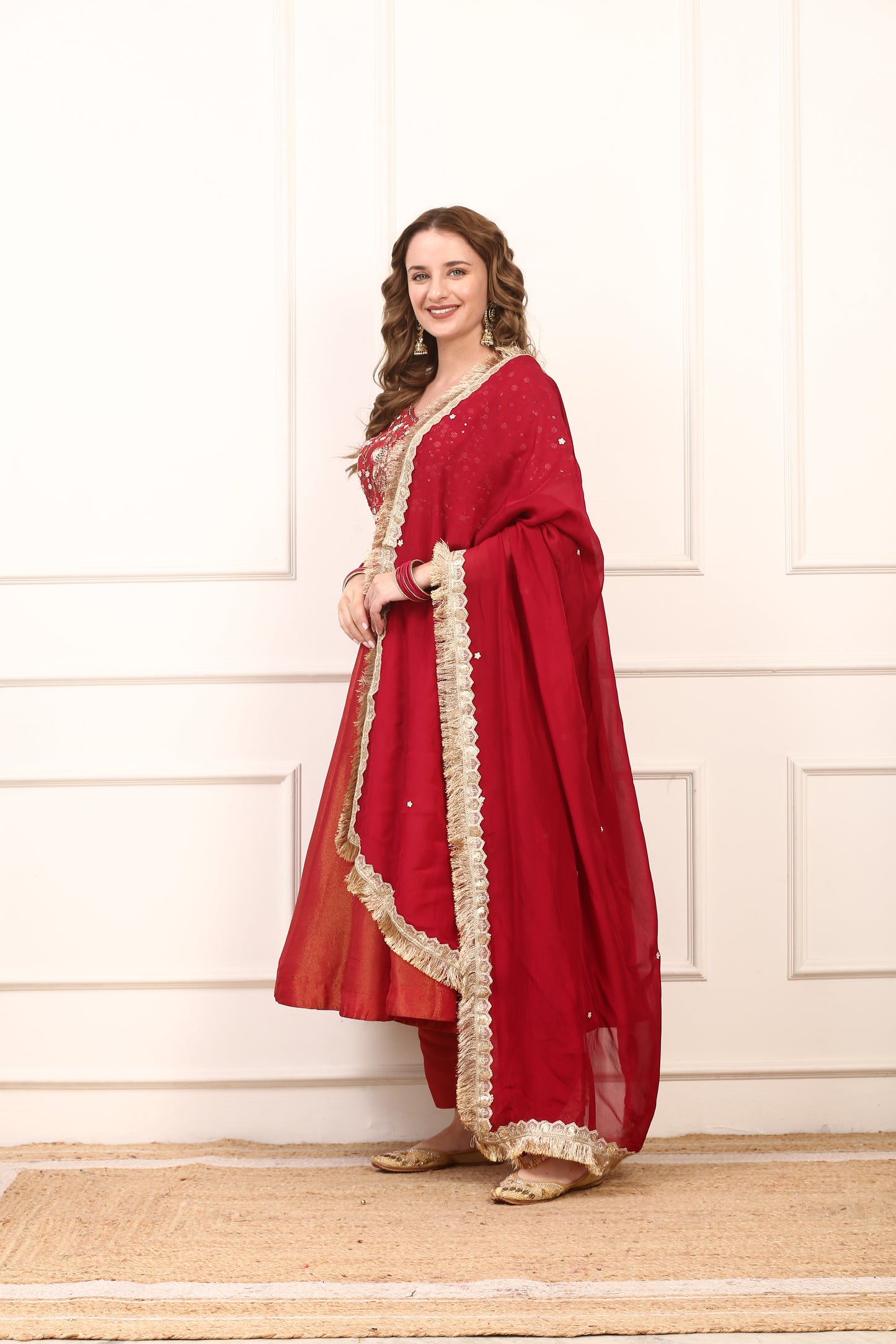 Red Shimmer Silk Embroidered Anarkali Dress Set with Organza Dupatta