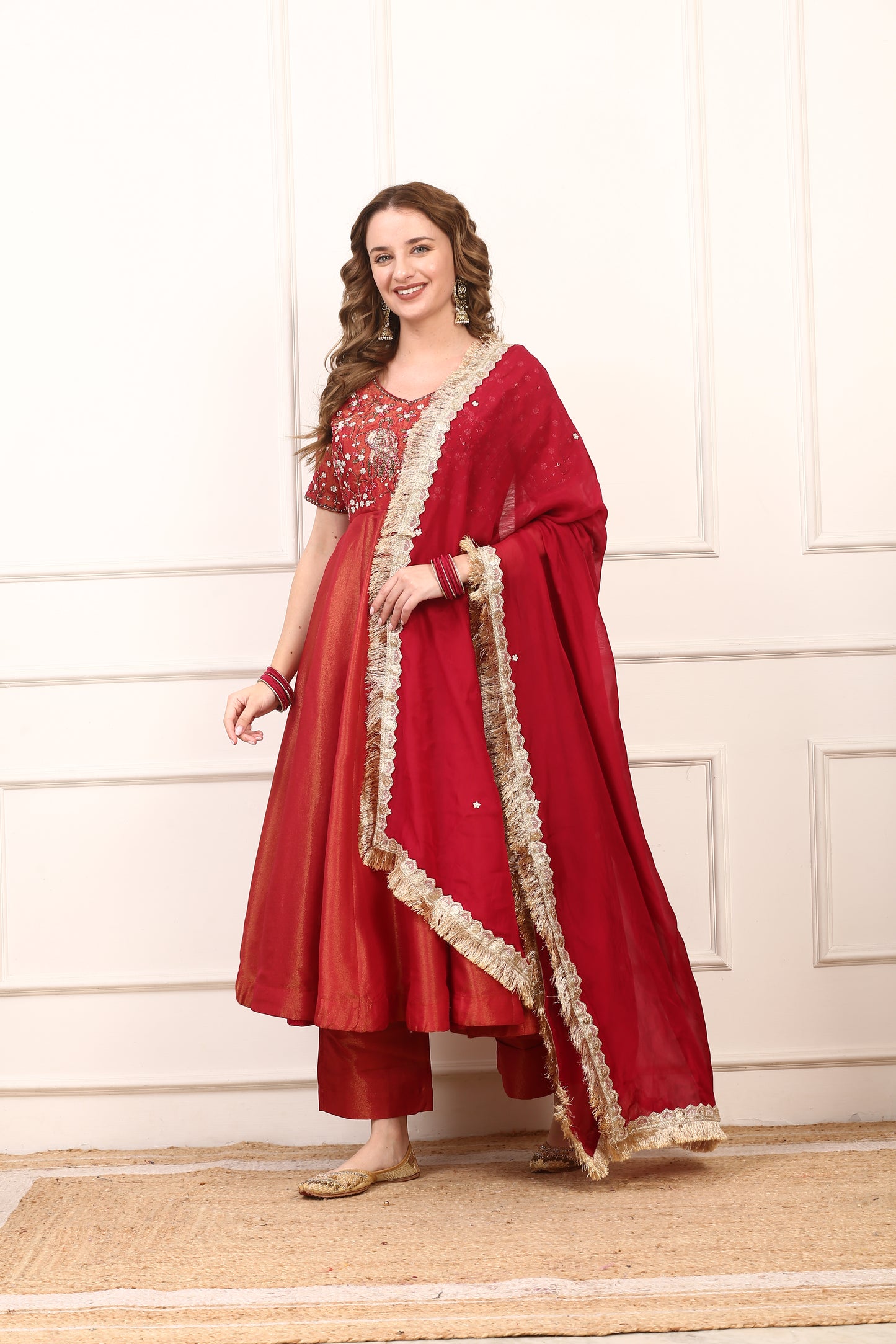 Red Shimmer Silk Embroidered Anarkali Dress Set with Organza Dupatta