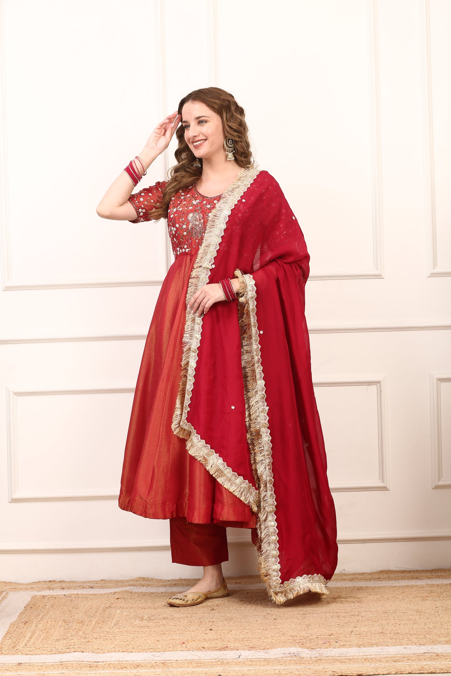 Red Shimmer Silk Embroidered Anarkali Dress Set with Organza Dupatta
