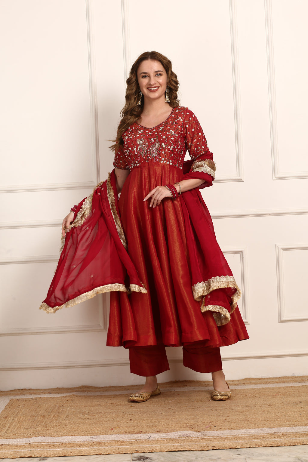Red Shimmer Silk Anarkali Dress Set - Embroidered Party Wear with Dupatta