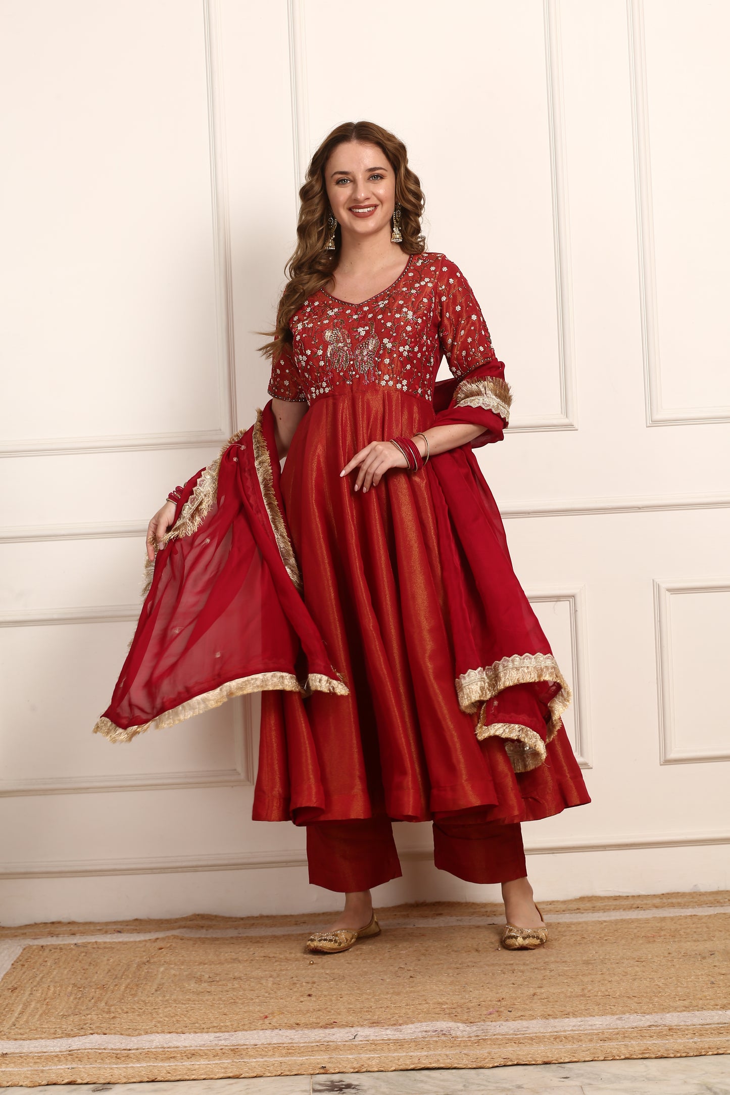 Red Shimmer Silk Embroidered Anarkali Dress Set with Organza Dupatta