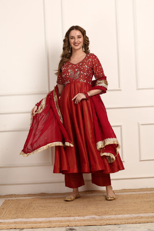 Red Shimmer Silk Embroidered Anarkali Dress Set with Organza Dupatta