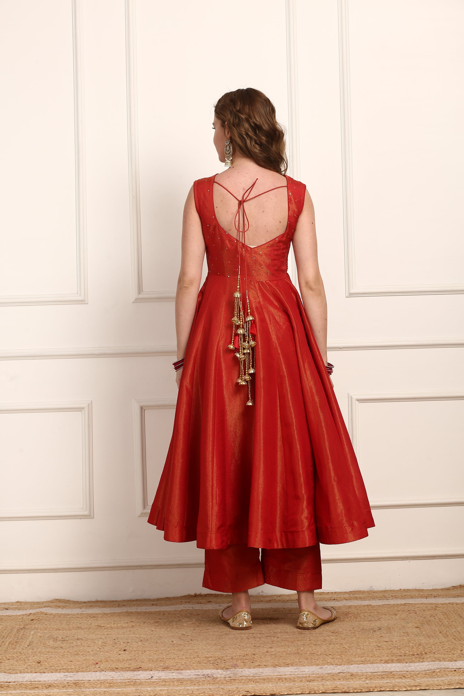 Rich Red Shimmer Silk Anarkali Dress - Gold Embroidered Festive Wear with Dupatta
