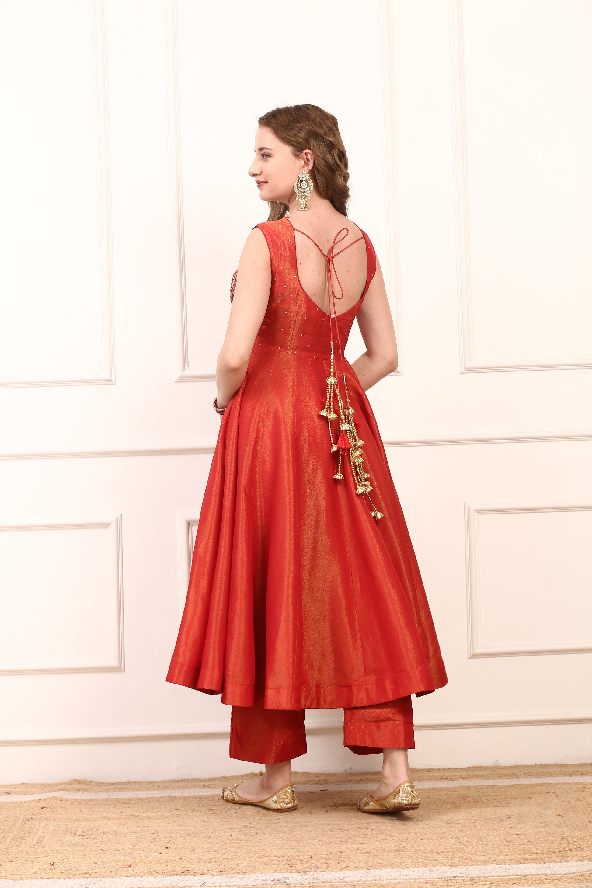 Rich Red Shimmer Silk Anarkali Dress - Gold Embroidered Festive Wear with Dupatta