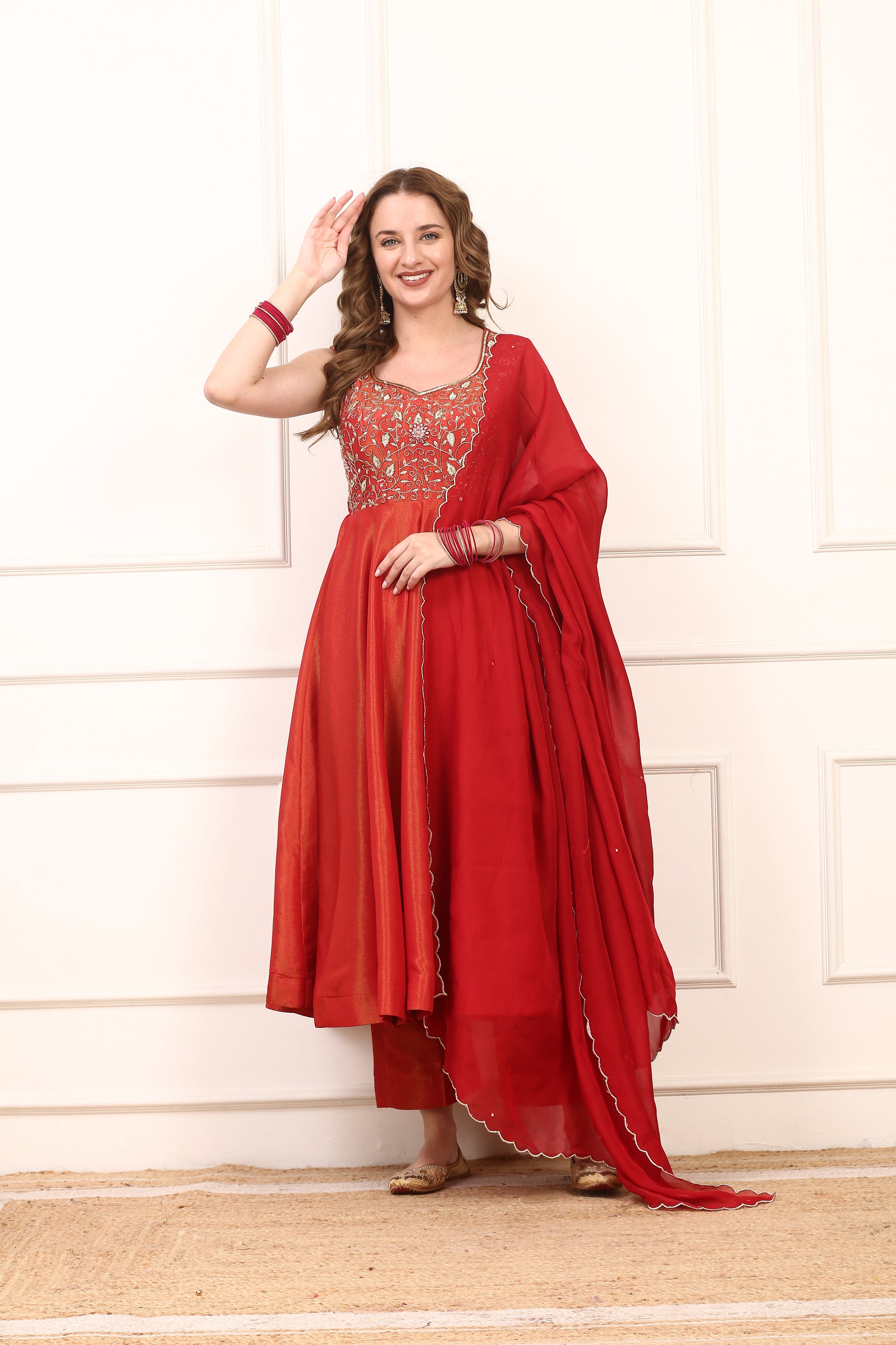 Rich Red Shimmer Silk Anarkali Dress - Gold Embroidered Festive Wear with Dupatta