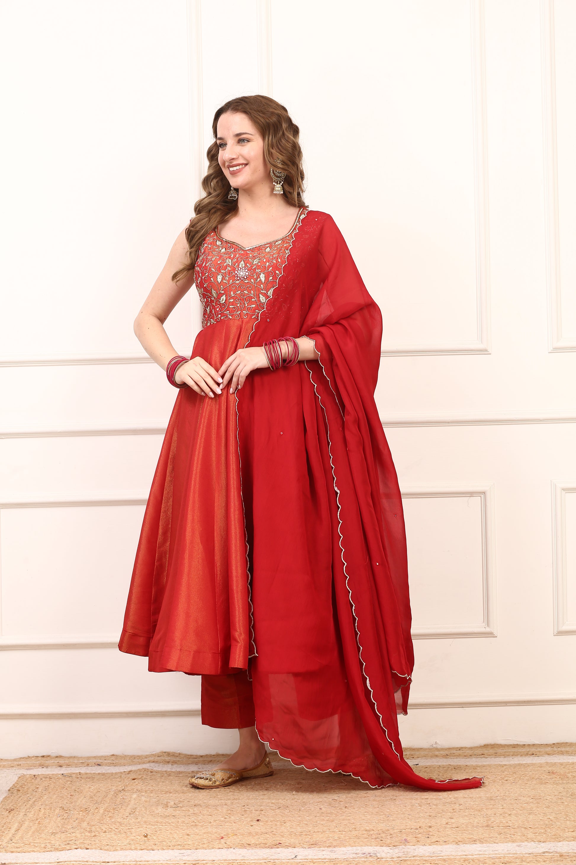 Rich Red Shimmer Silk Anarkali Dress - Gold Embroidered Festive Wear with Dupatta