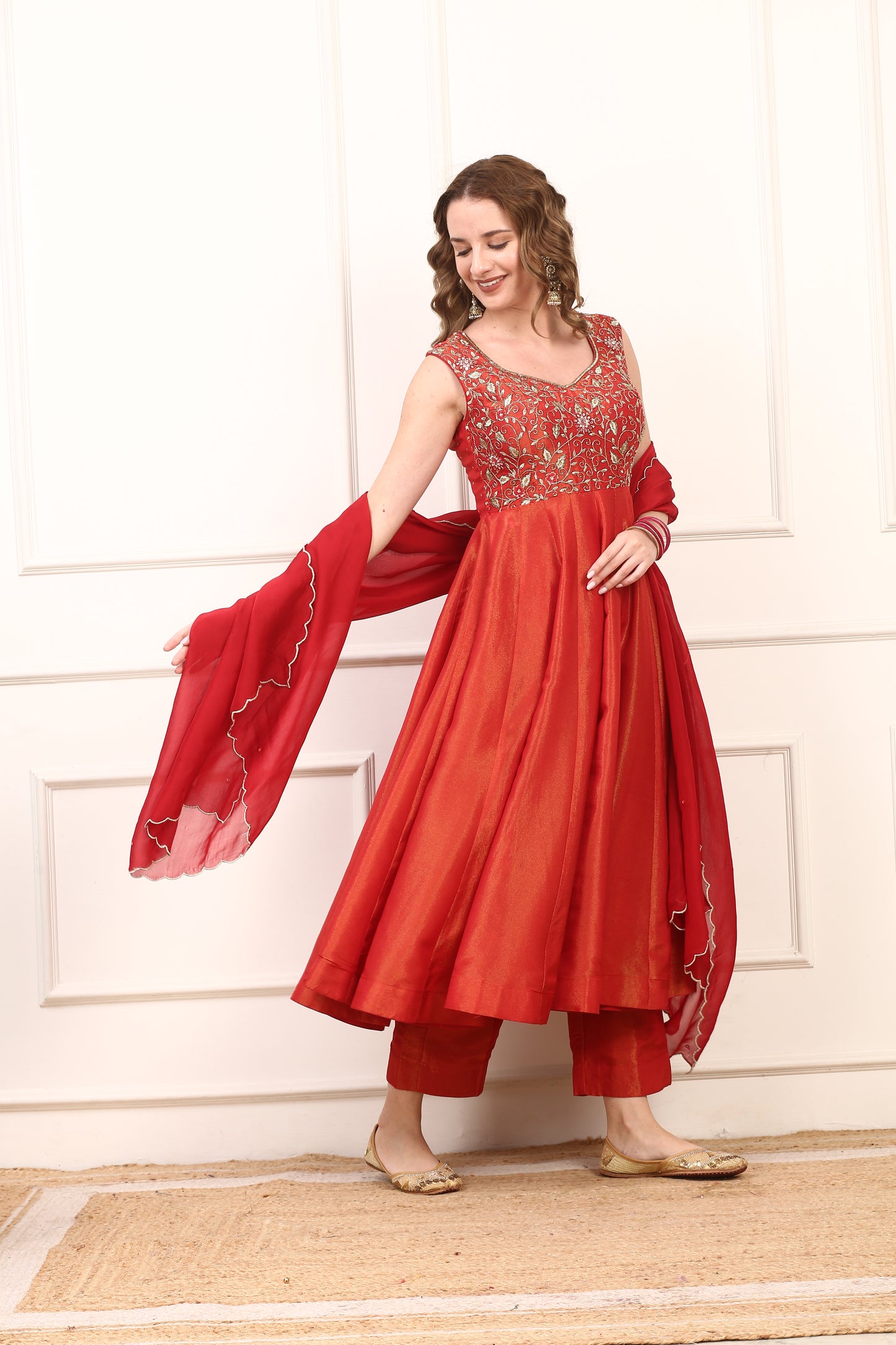 Rich Red Shimmer Silk Anarkali Dress - Gold Embroidered Festive Wear with Dupatta
