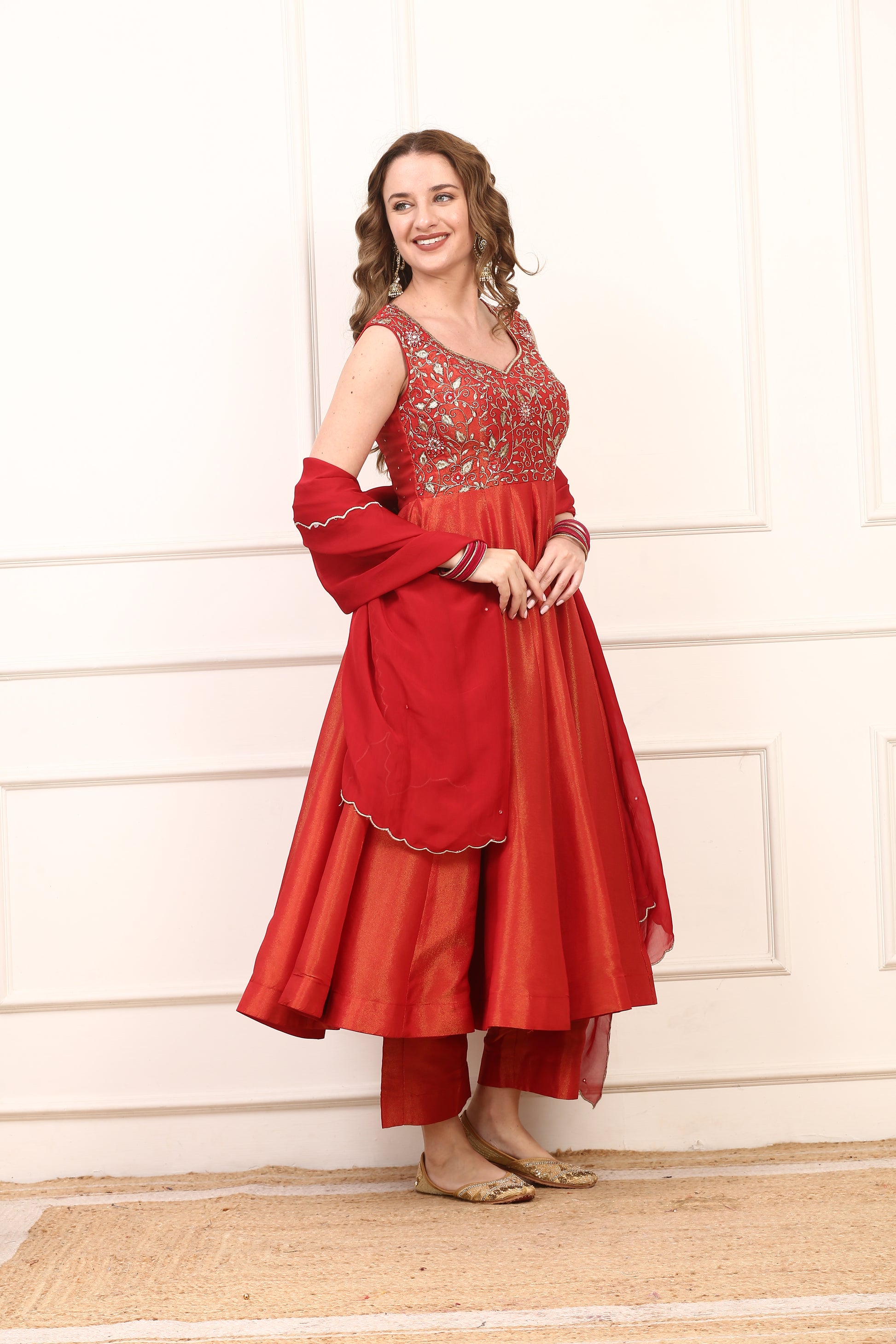 Rich Red Shimmer Silk Anarkali Dress - Gold Embroidered Festive Wear with Dupatta