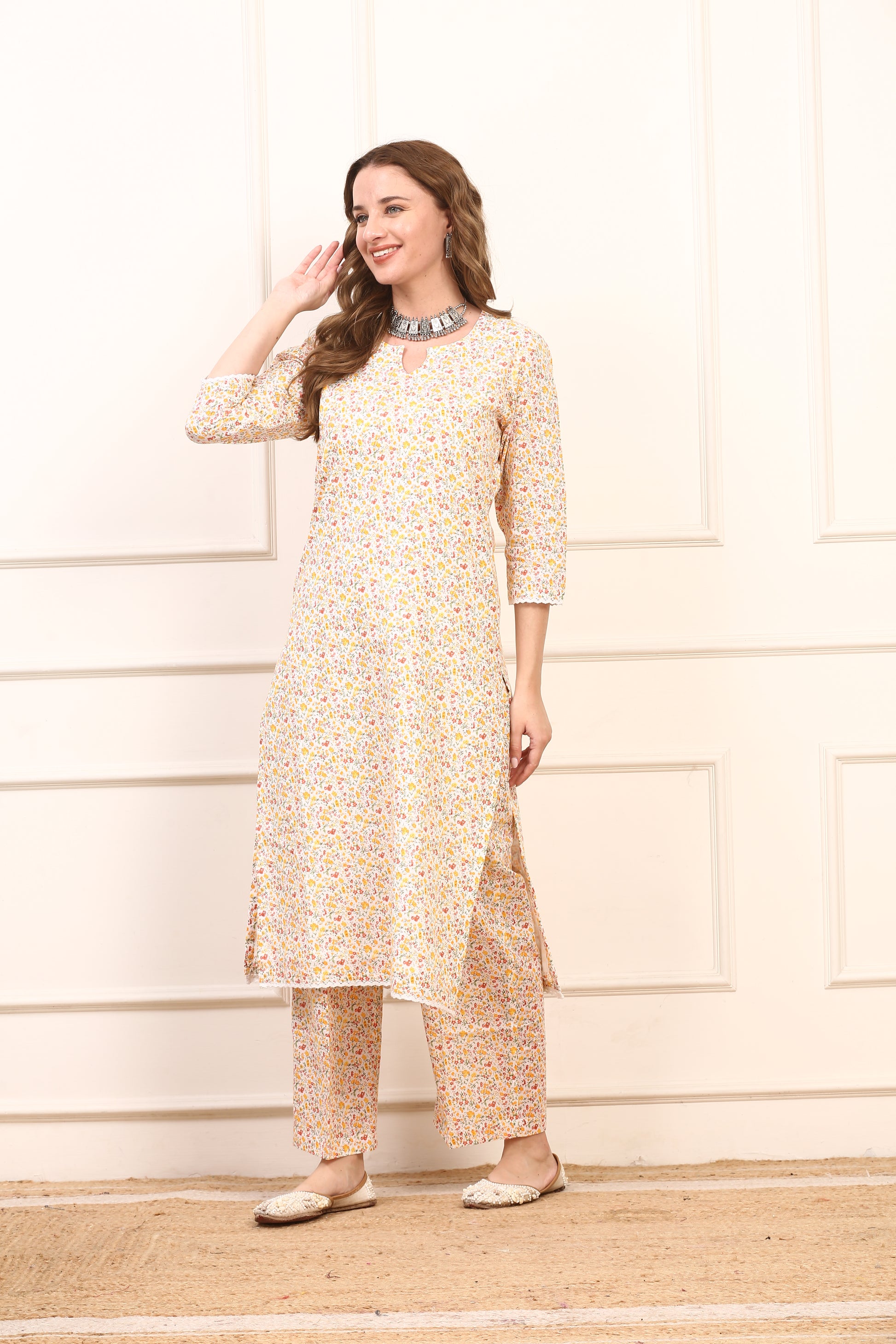 Floral Cotton Straight Kurta Set with Solid Dupatta