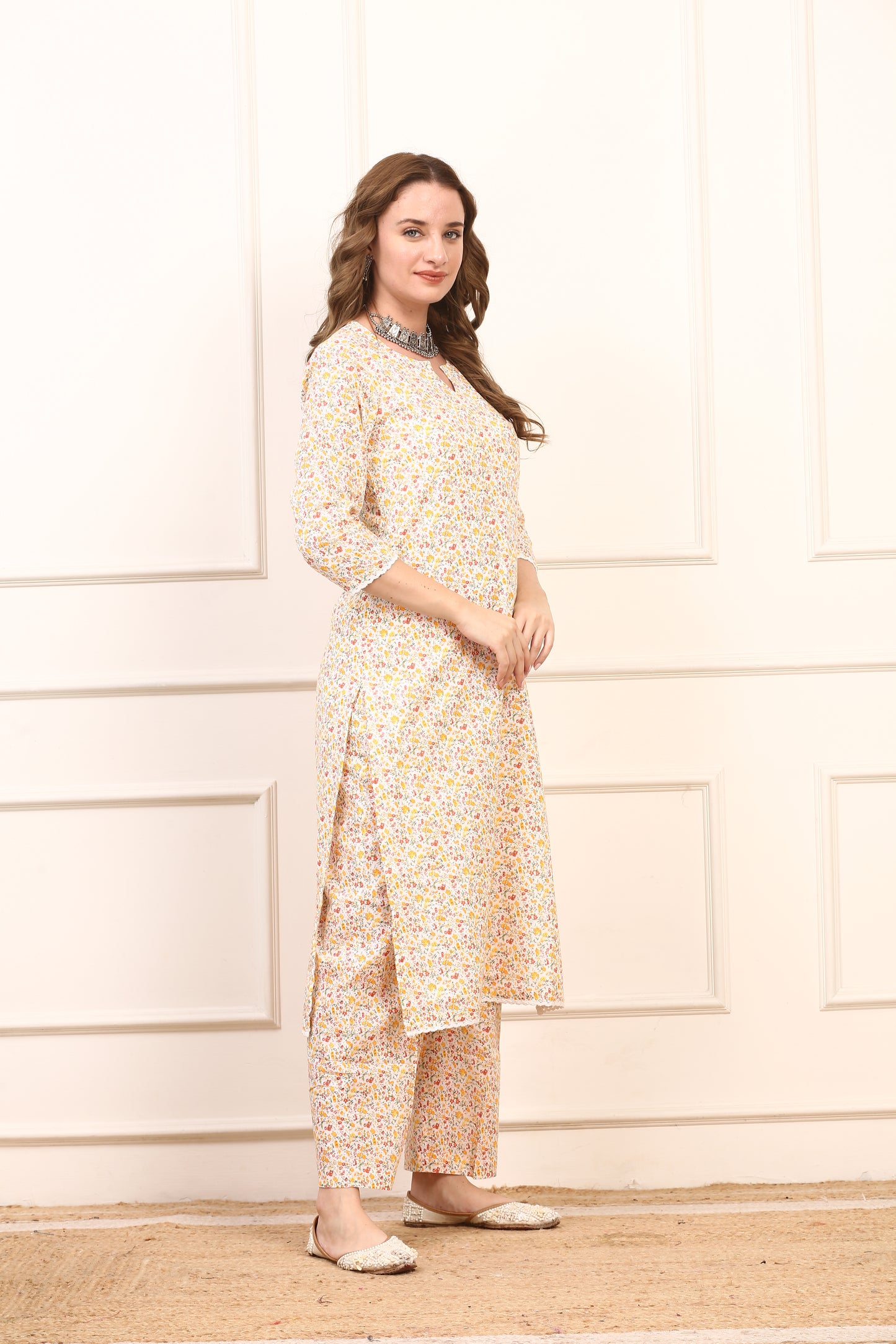 Floral Cotton Straight Kurta Set - Elegant Casual Suit with Solid Dupatta