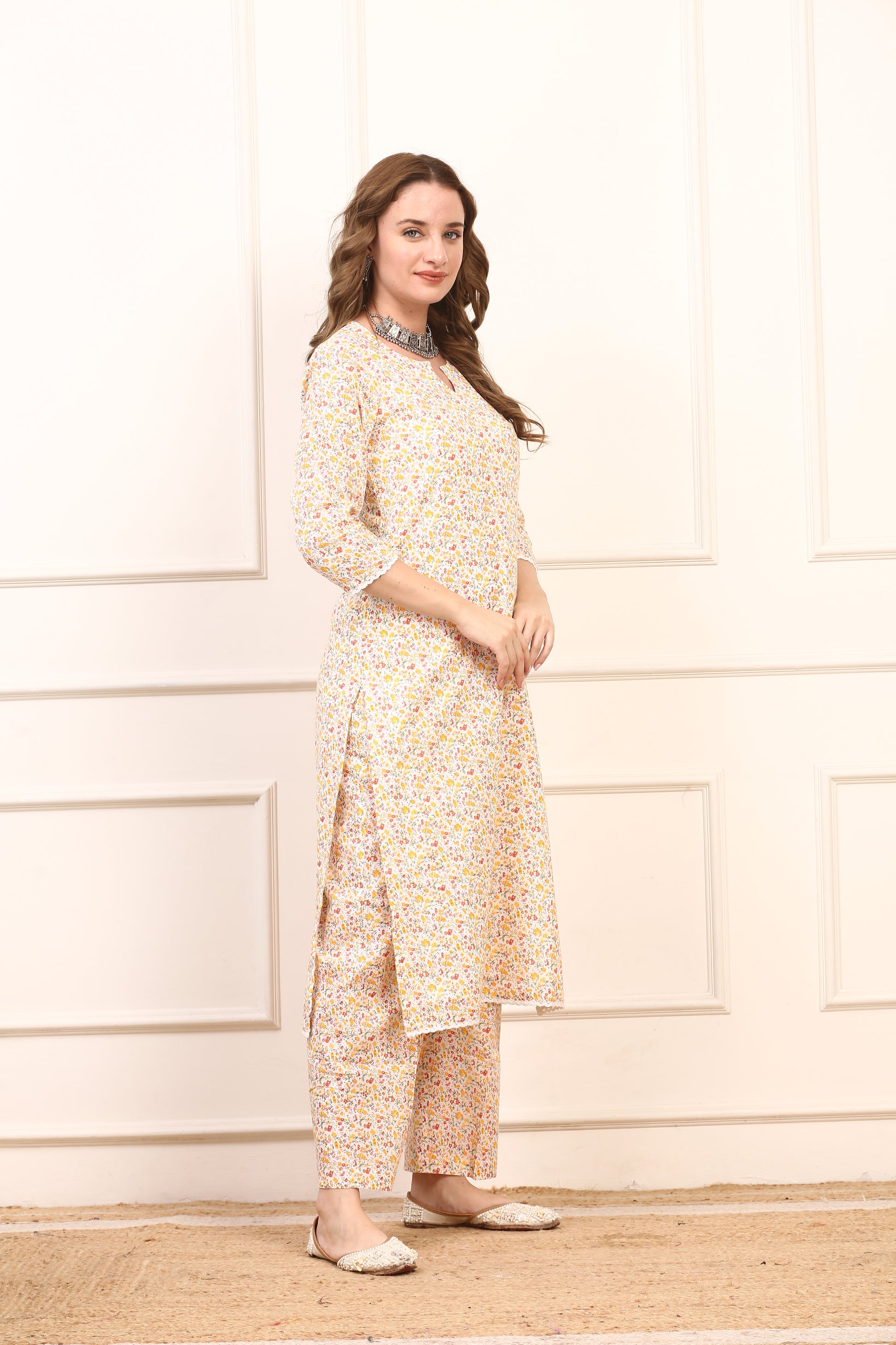 Floral Cotton Straight Kurta Set with Solid Dupatta